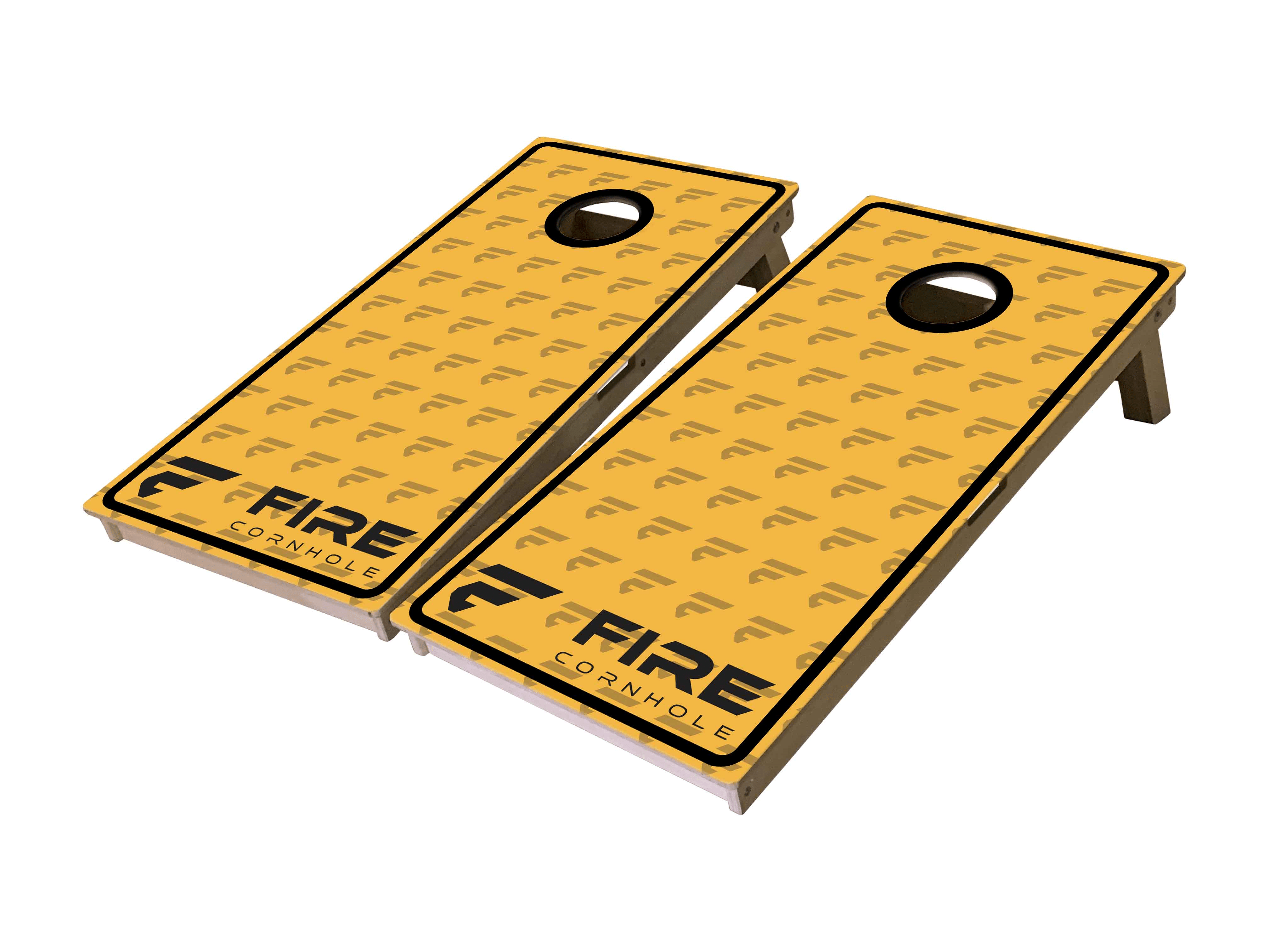 Fire Cornhole boards with "F" logo in yellow and black