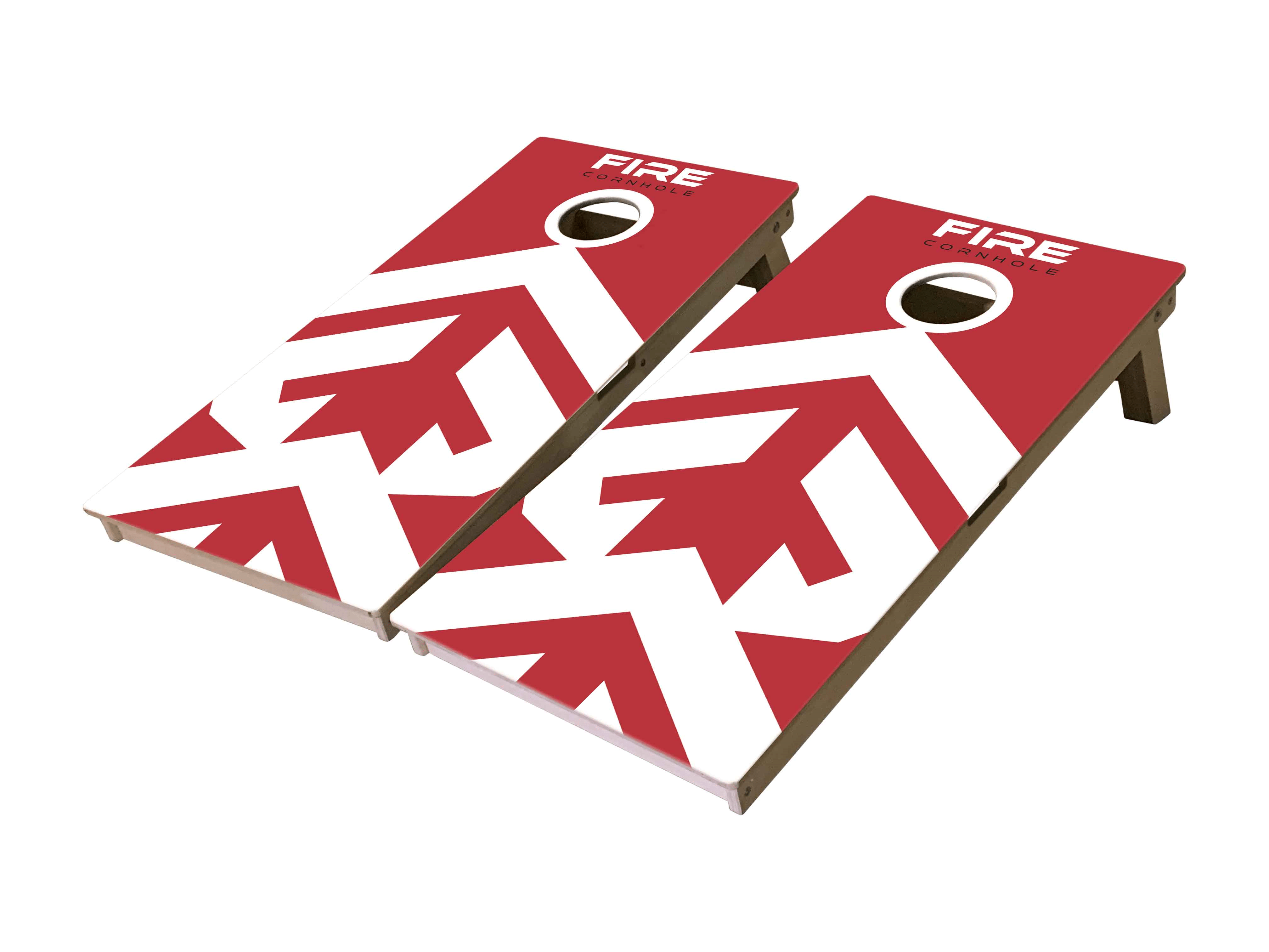 Fire Cornhole boards in red and white