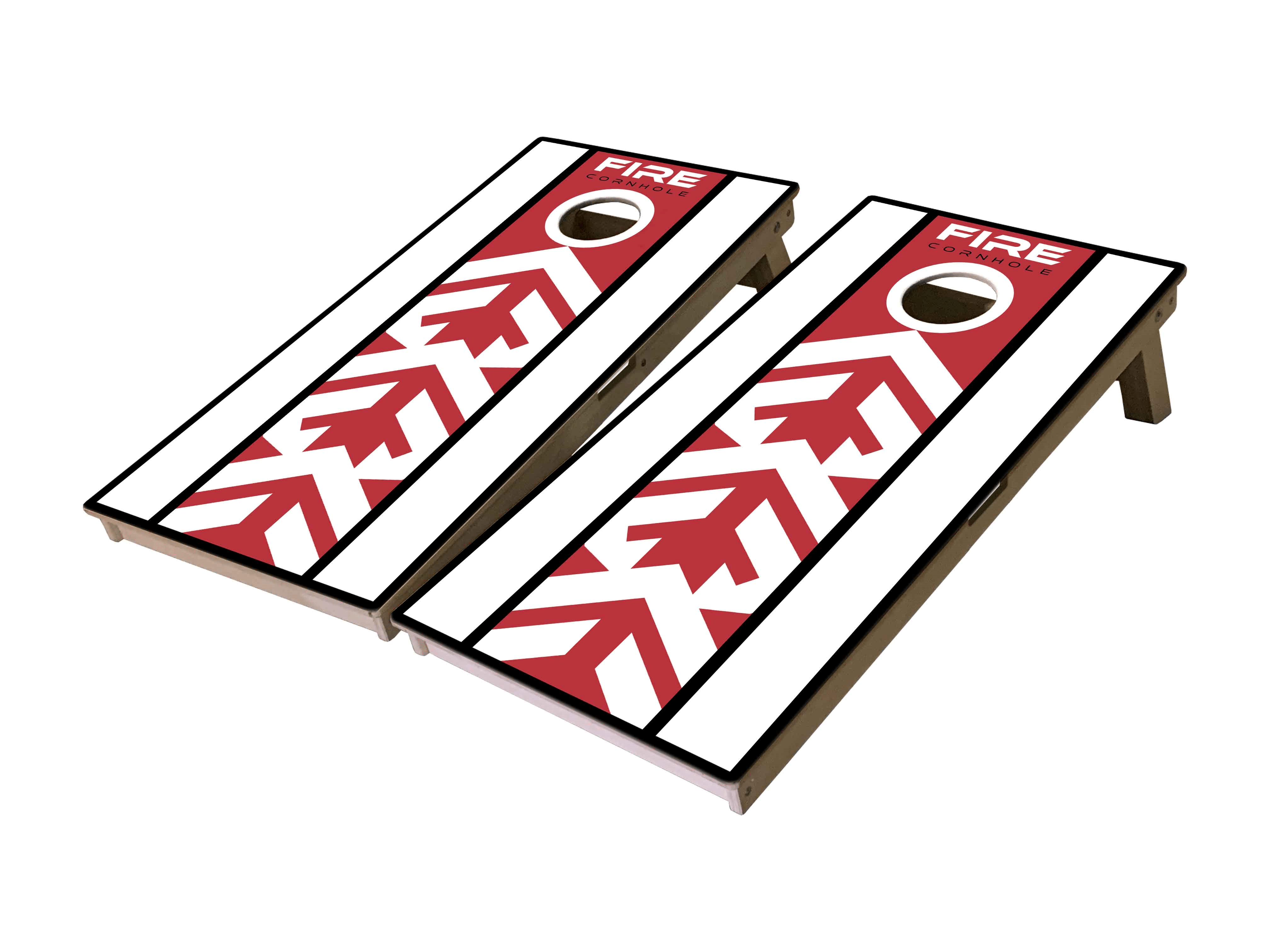 Fire Cornhole boards in red, white, and black