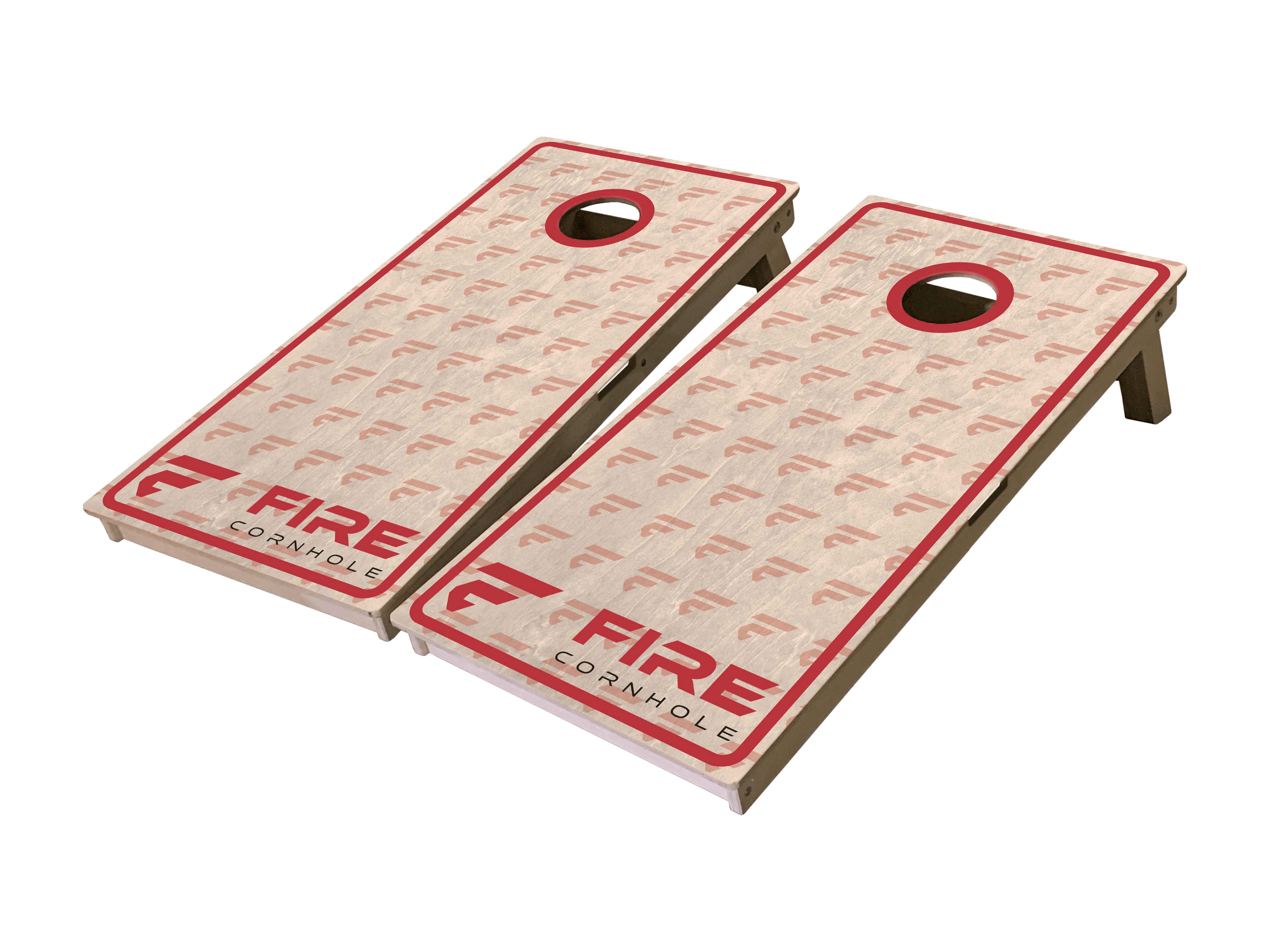 Fire Cornhole Mini Cornhole Boards with natural wood finish and F logo pattern