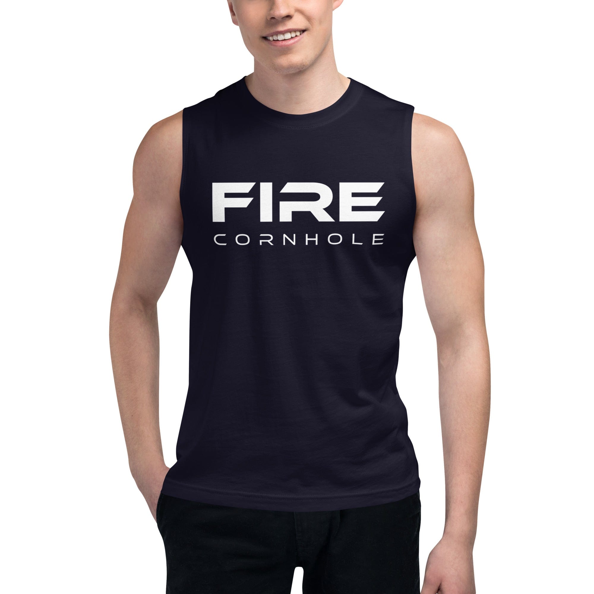 Men's navy muscle shirt with Fire Cornhole logo in white