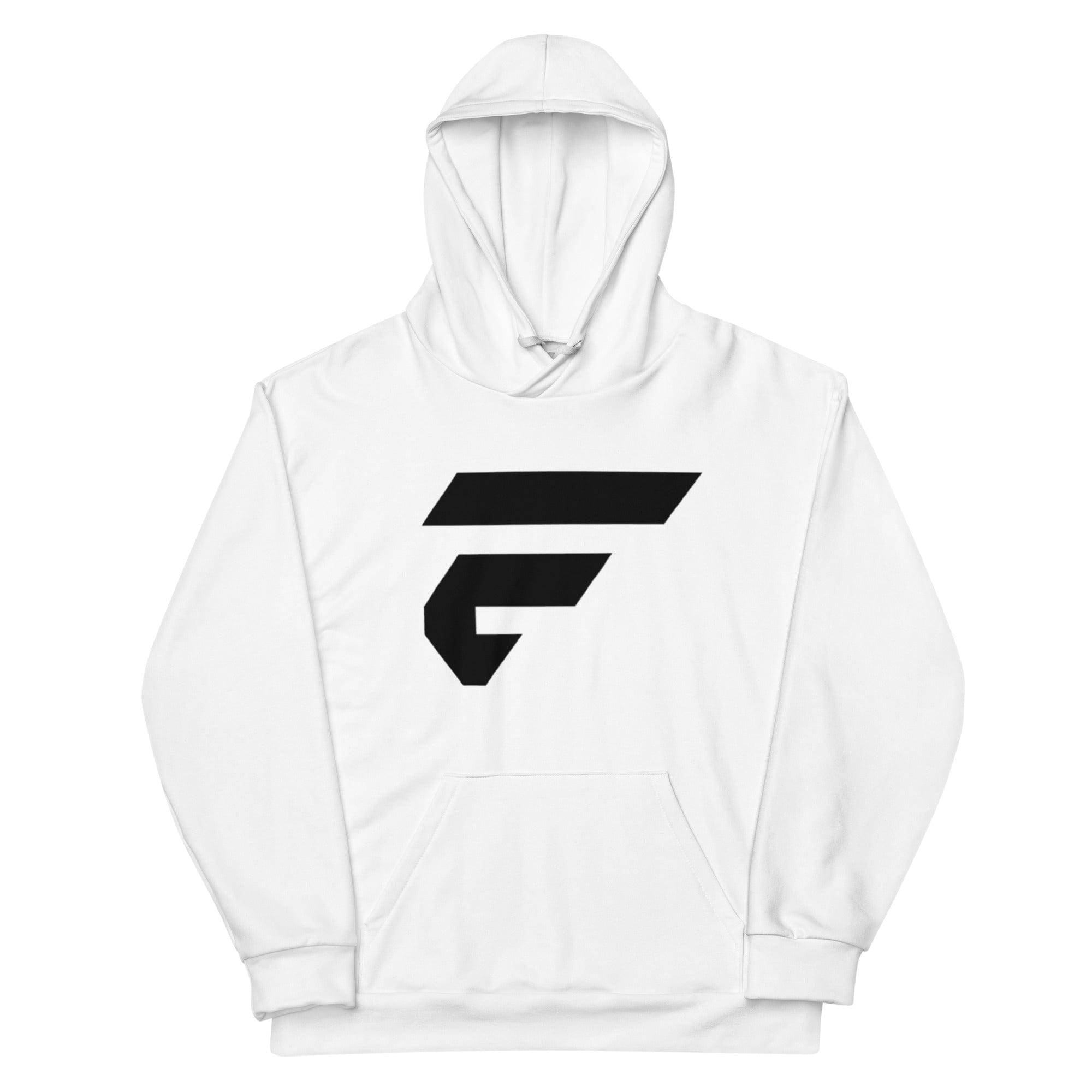 Front view of white unisex fleece hoodie with Fire Cornhole F logo in black