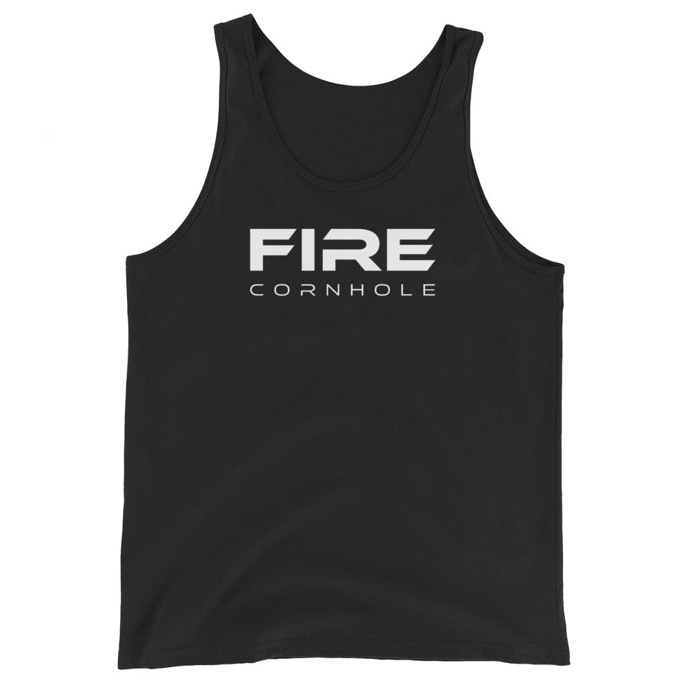Black unisex cotton tank top with Fire Cornhole logo in white