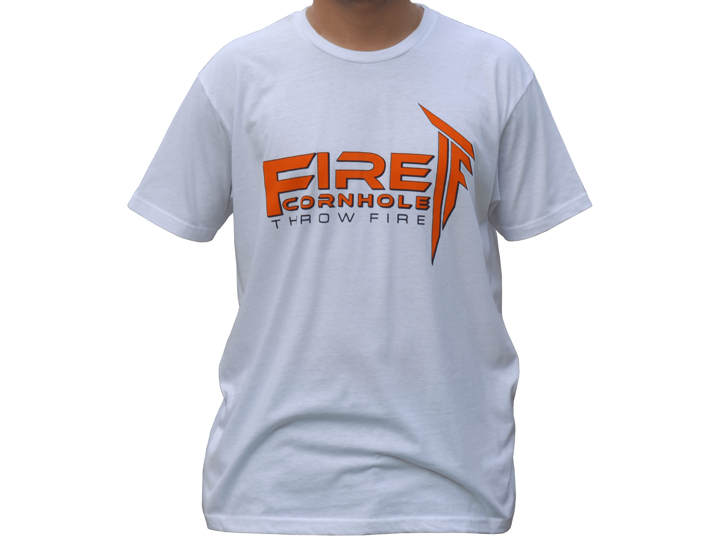 White T-shirt with orange Fire Cornhole logo