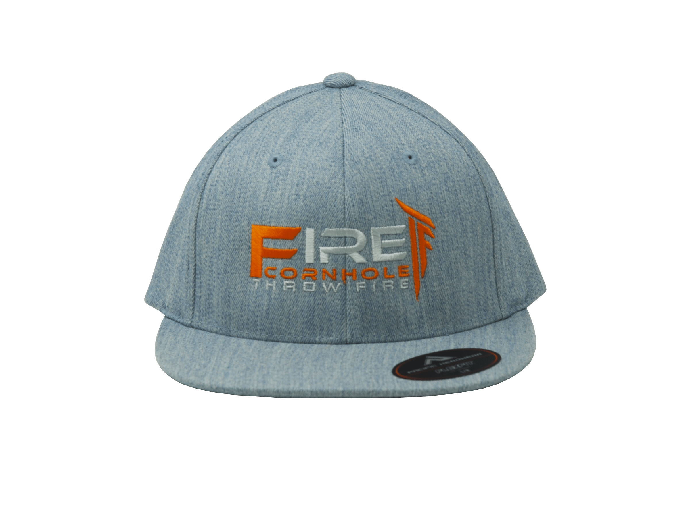 Grey flat bill hat with orange Fire Cornhole logo embroidered on the front