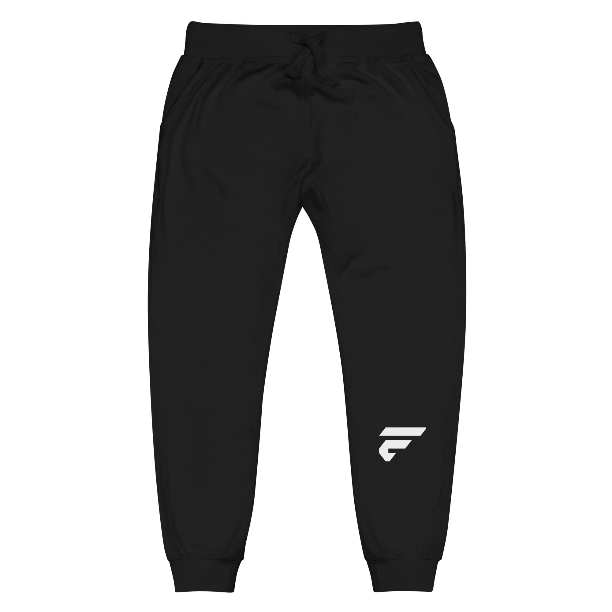 A pair of black joggers with a Fire Cornhole "F" logo embroidered on the left leg