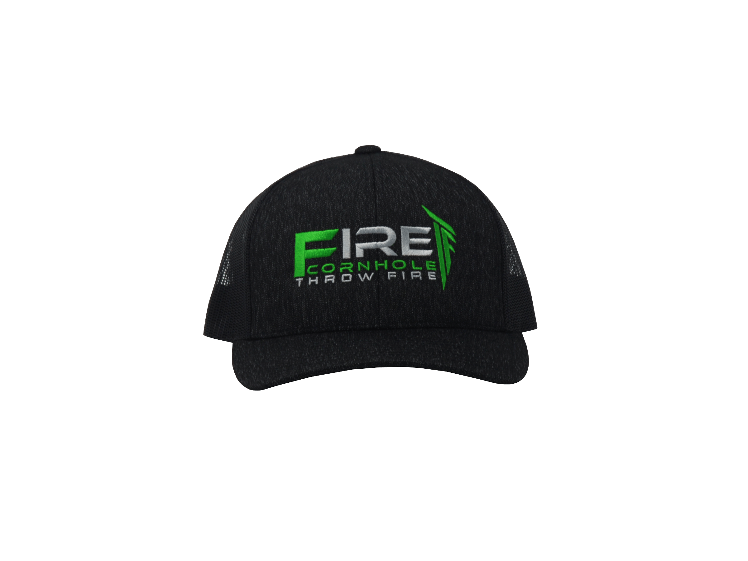 Fire Cornhole Black Heather-Black Back-Green/Silver Logo Hat