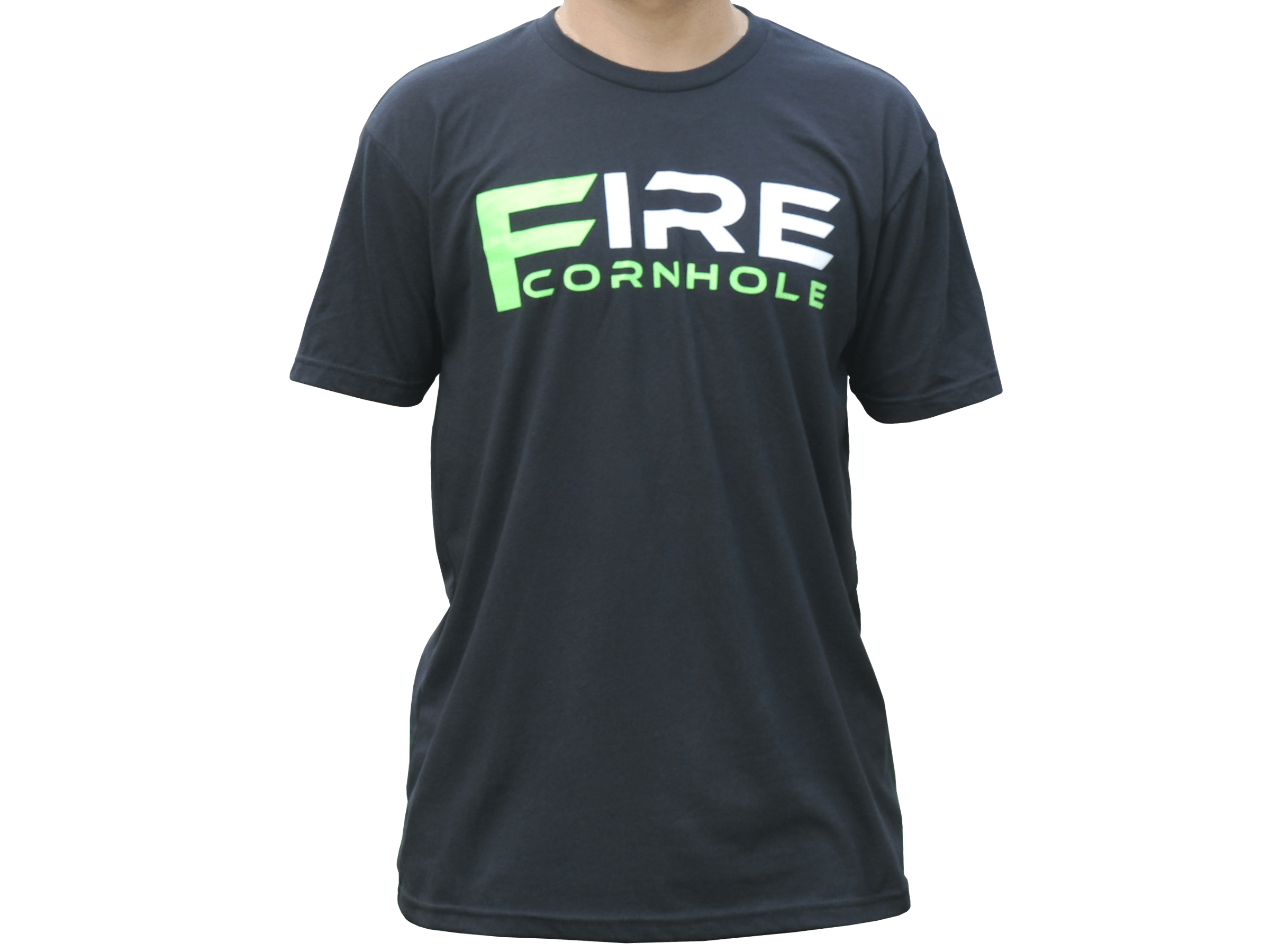 Fire Cornhole Black shirt with green logo