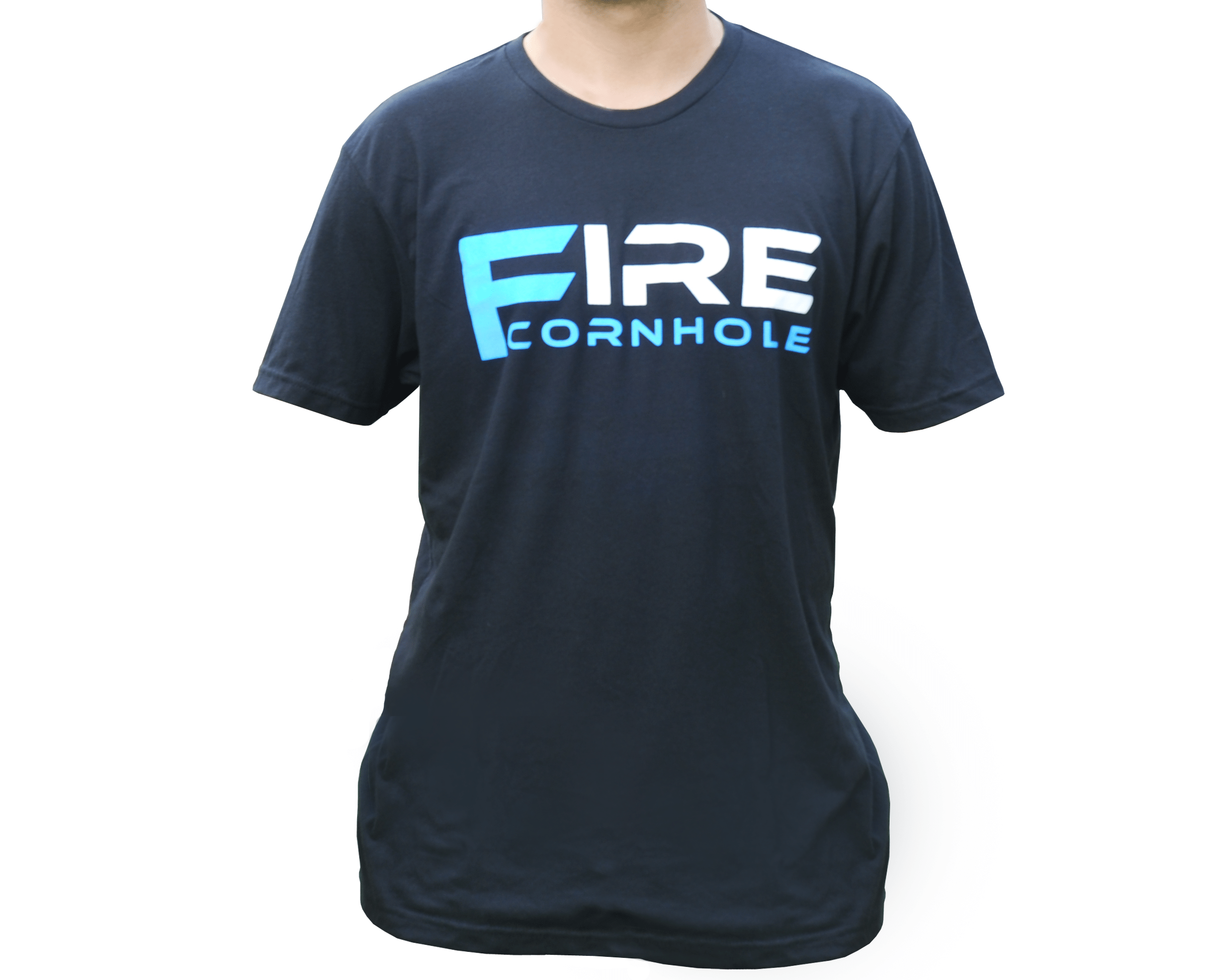 Fire Cornhole Black shirt with blue logo