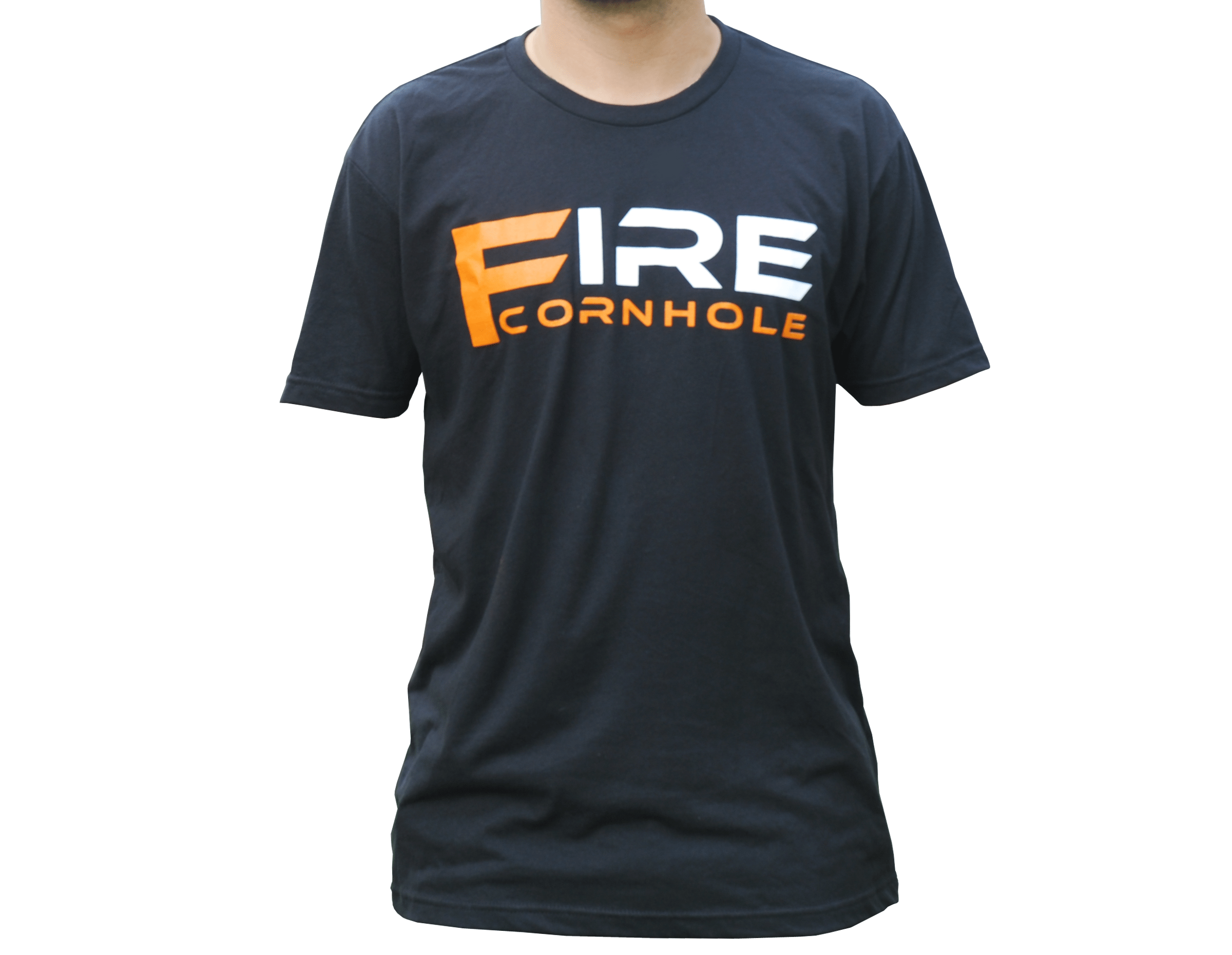 Fire Cornhole Black shirt with orange logo