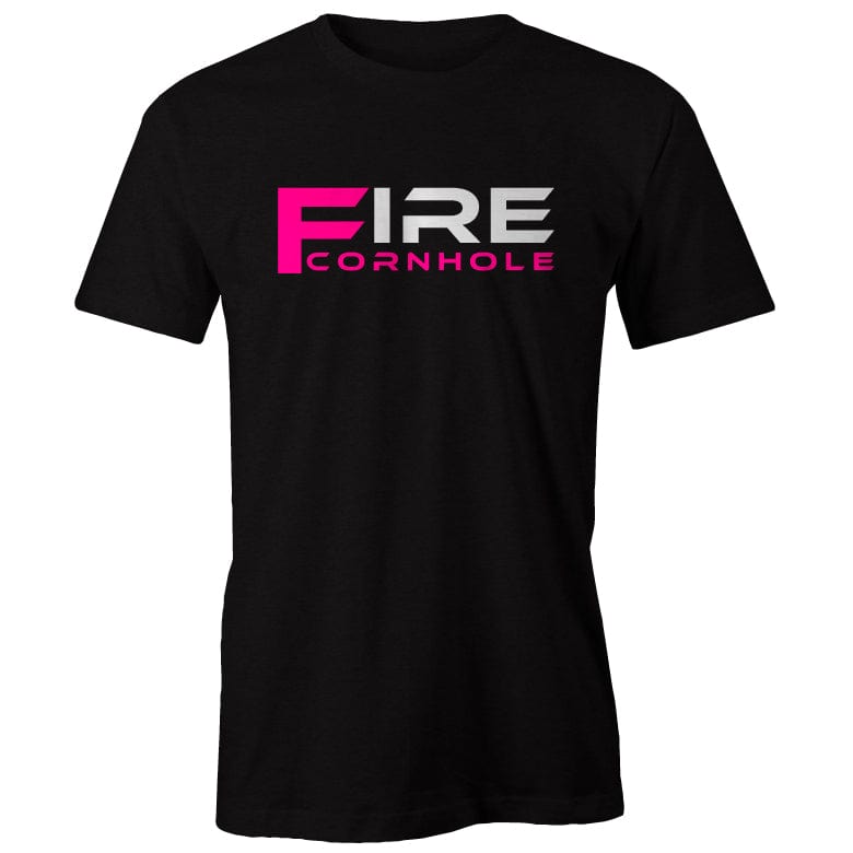 Fire Cornhole Black shirt with pink logo