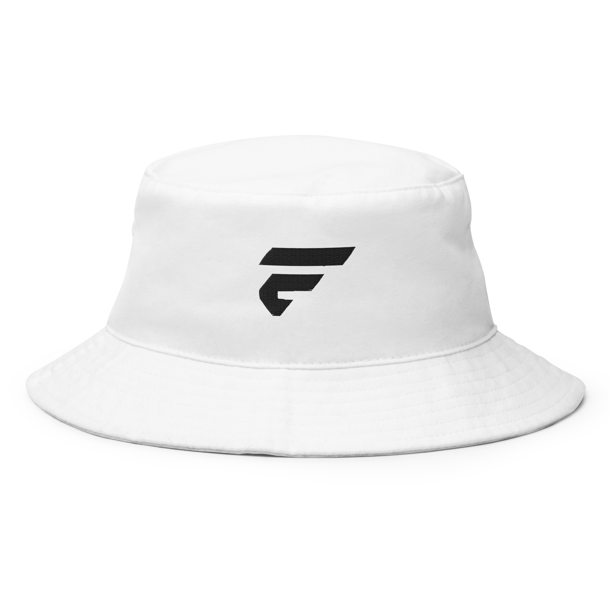 White cotton bucket hat with Fire Cornhole F logo in black