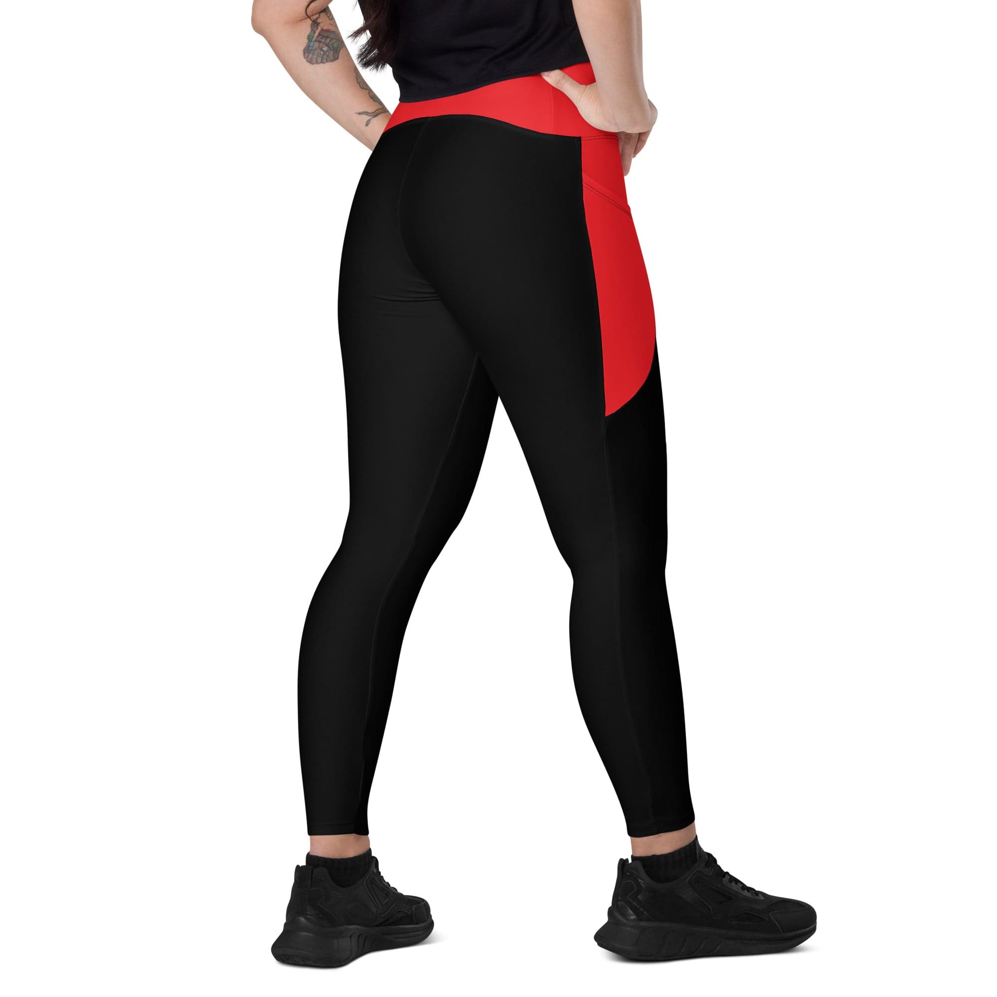 Fire Cornhole Crossover leggings with pockets in black and red