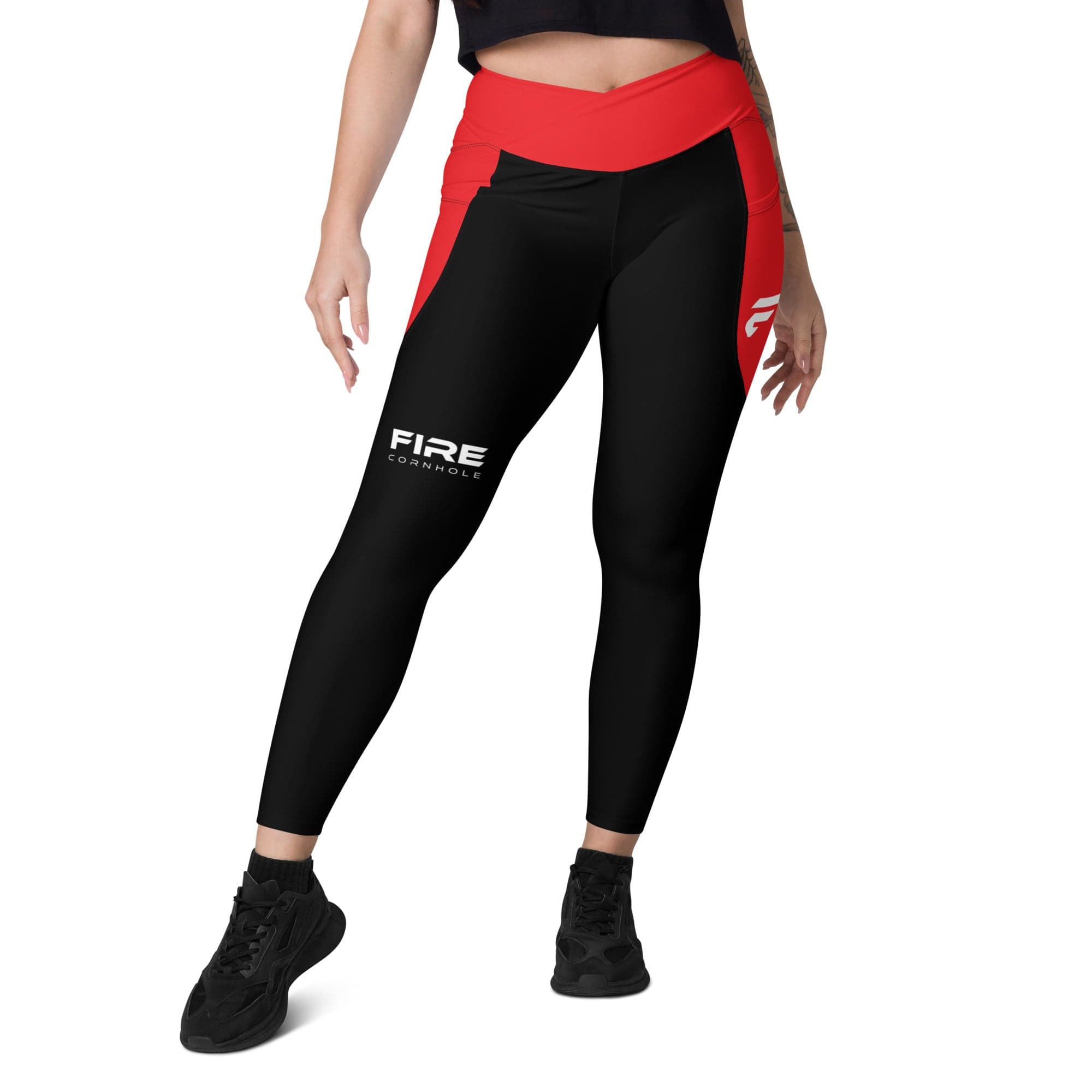 Fire Cornhole Crossover leggings with pockets in black and red