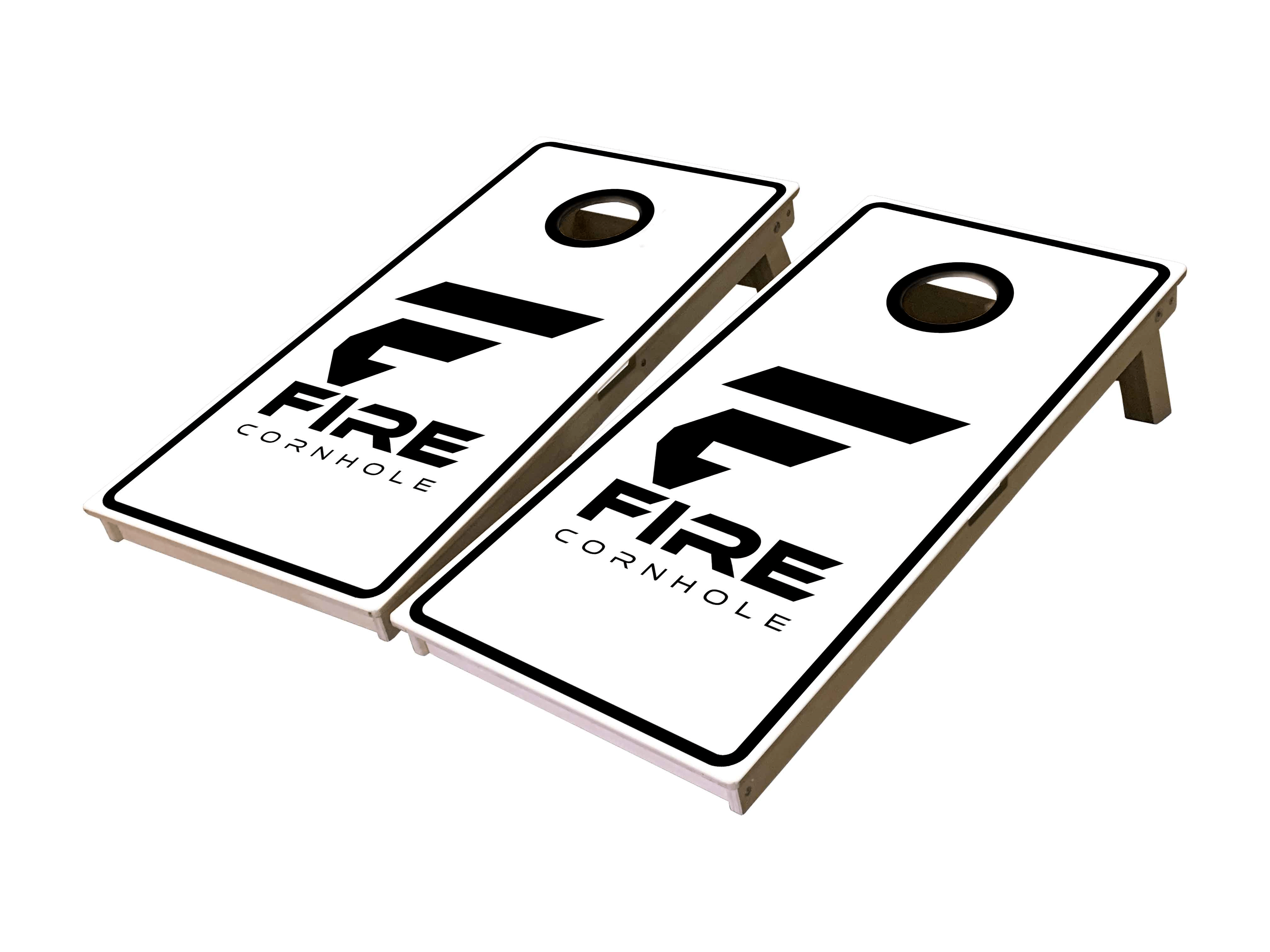 Fire Cornhole boards in white and black