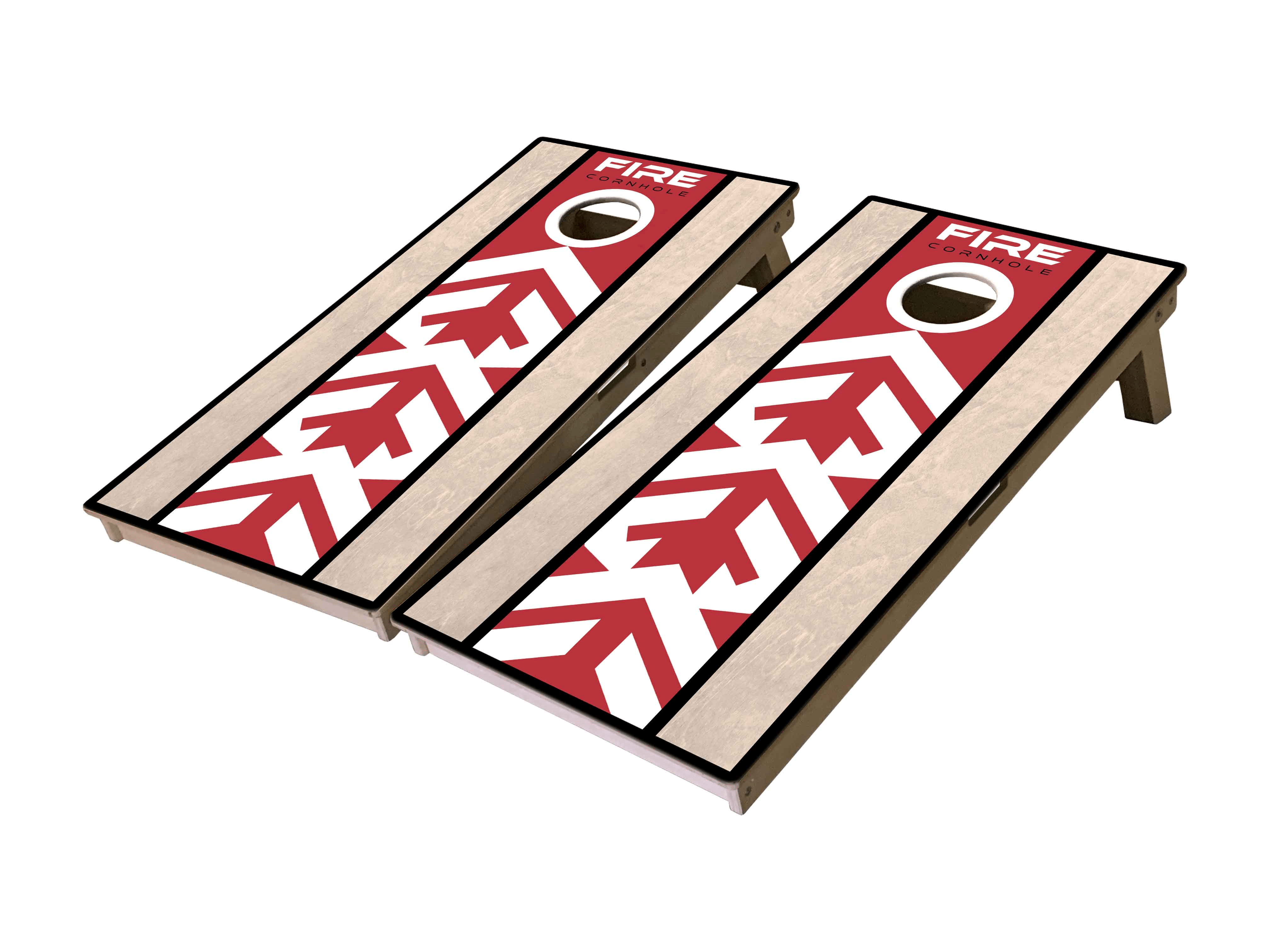 Fire Cornhole boards with design in red and white