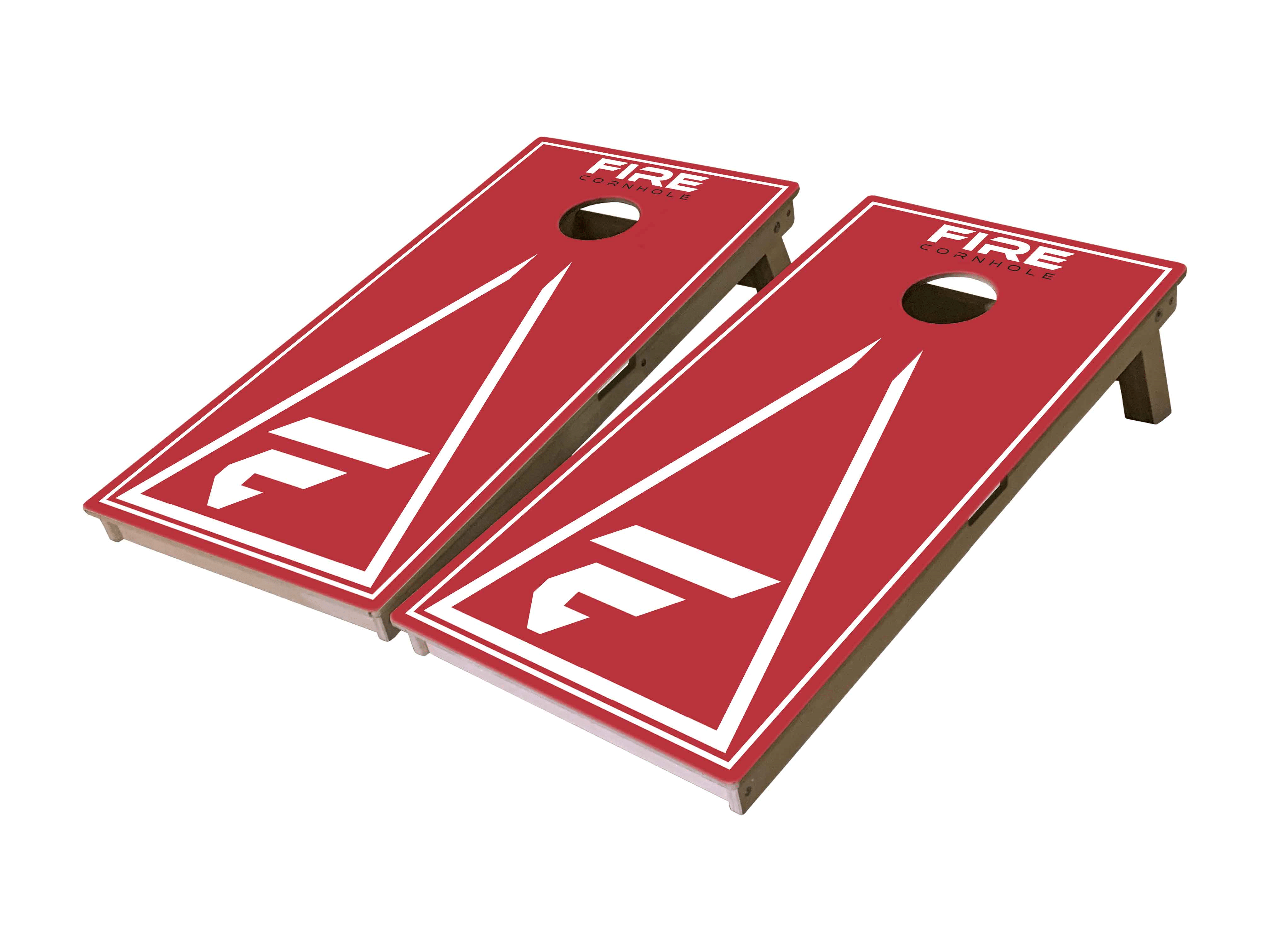 Fire Cornhole boards in red with white "F" logo