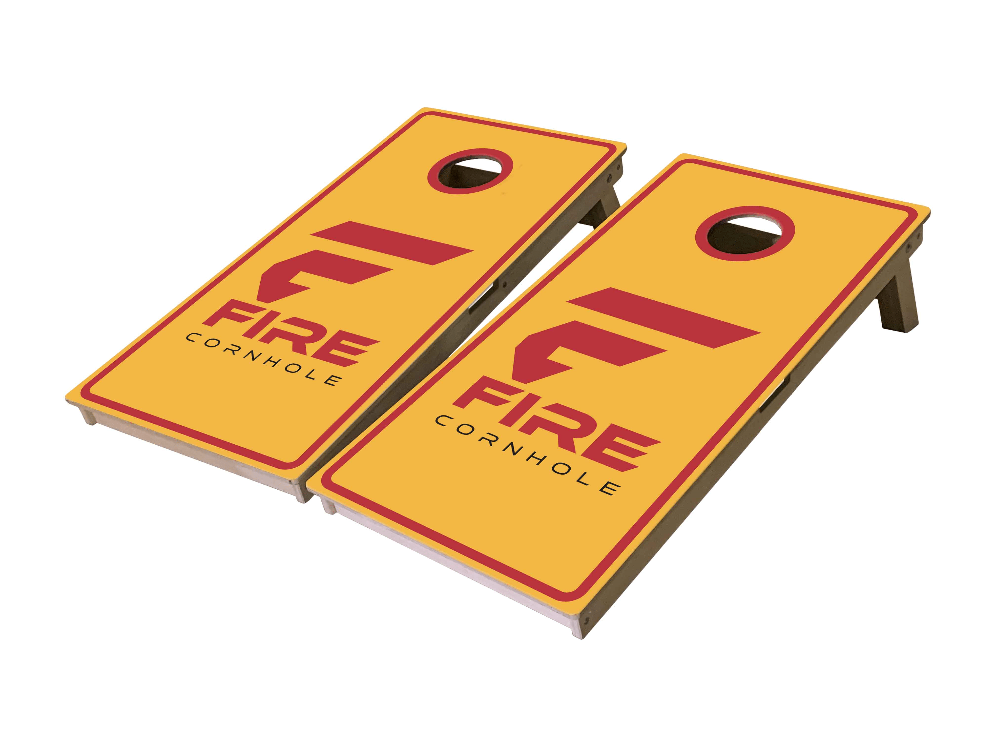 Fire Cornhole boards in yellow and red