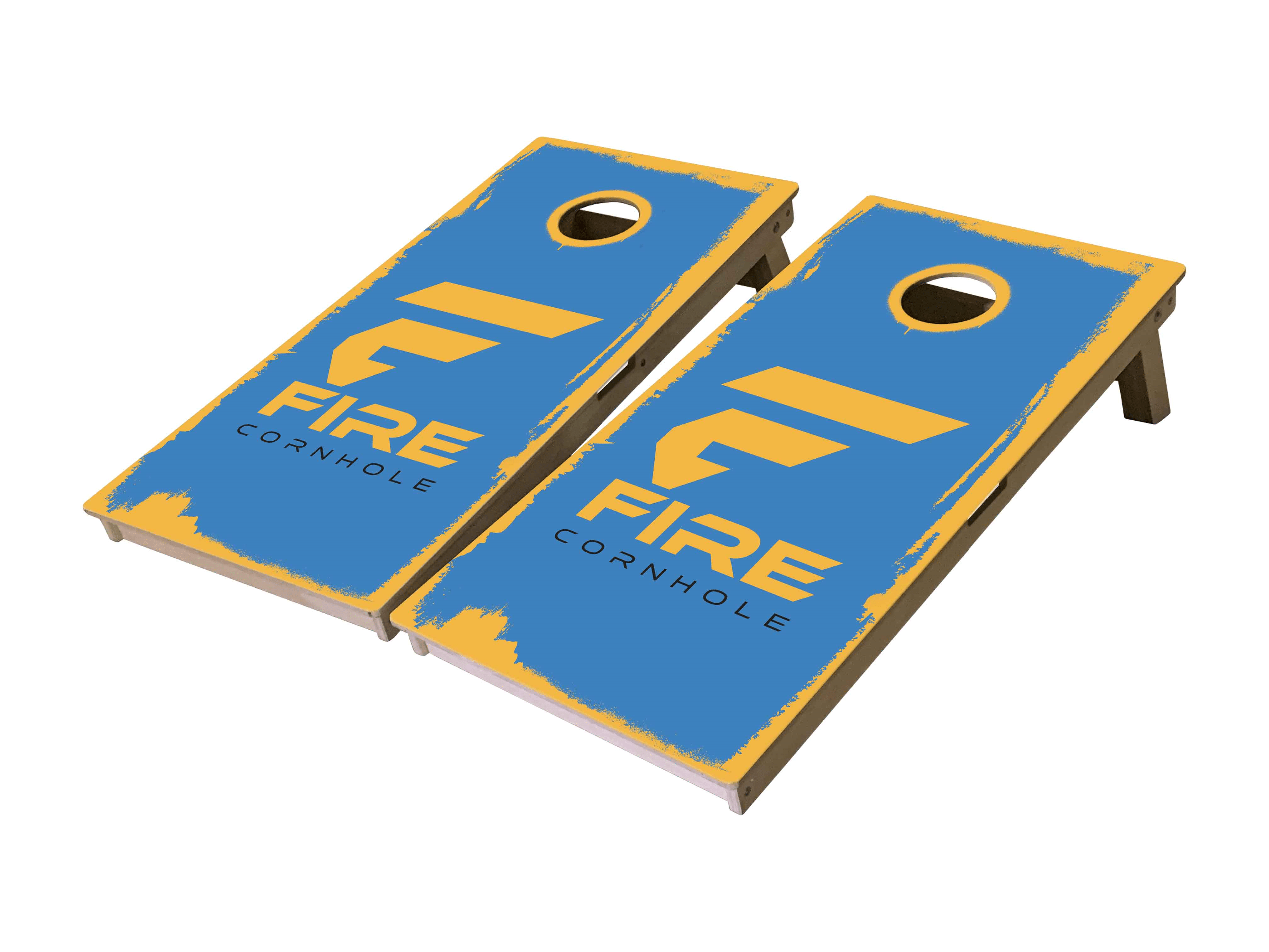 Fire Cornhole boards in blue and yellow