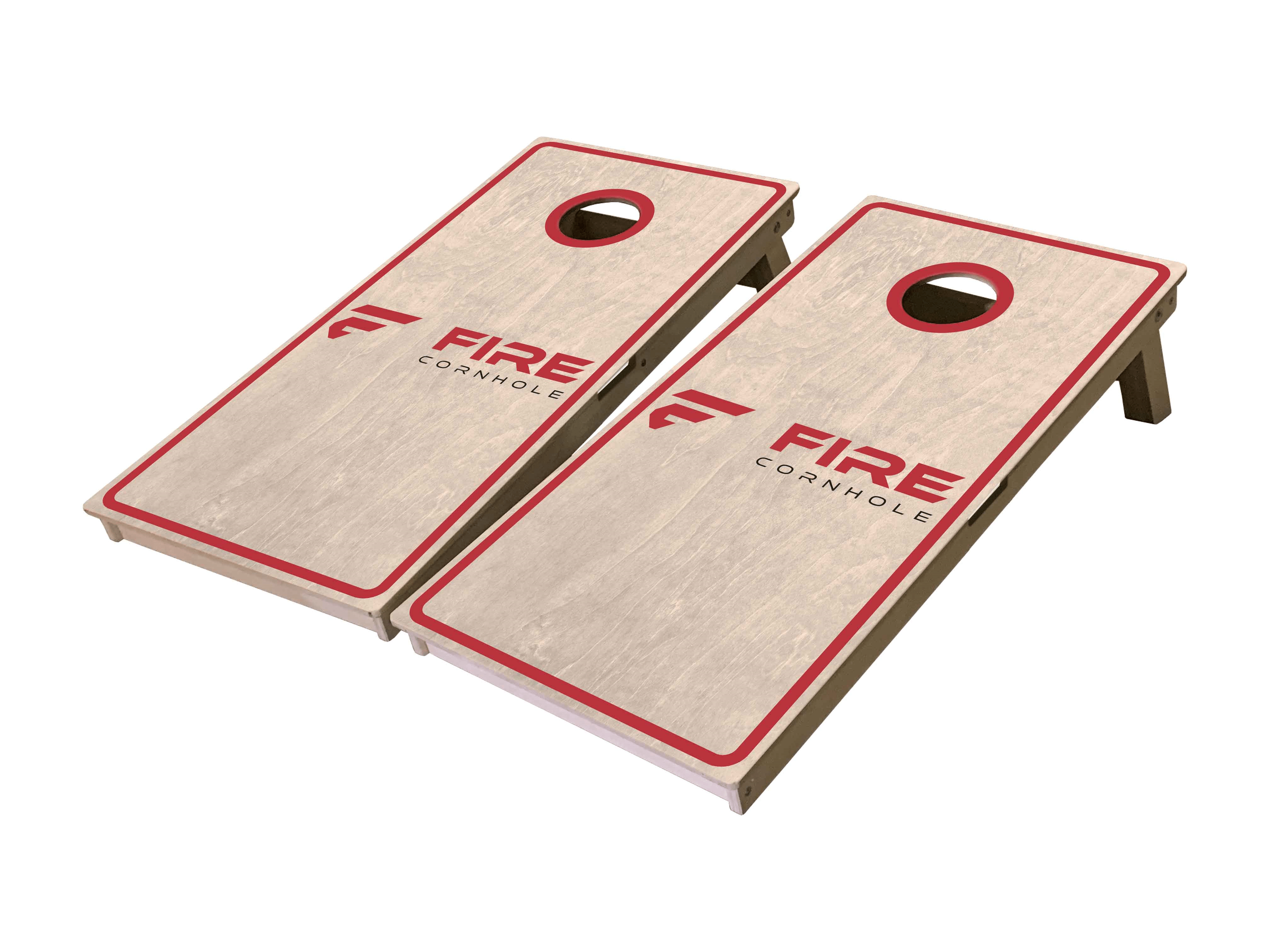 Fire Cornhole boards with natural wood finish
