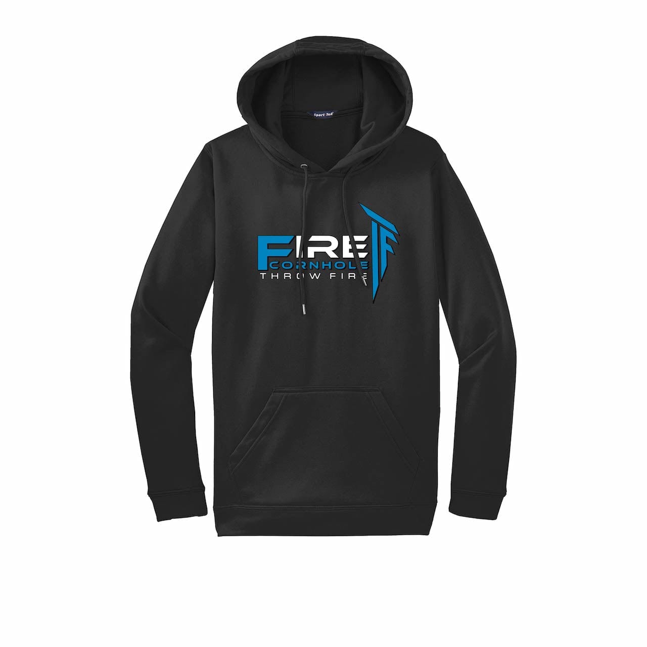 Black hoodie with blue Fire Cornhole logo