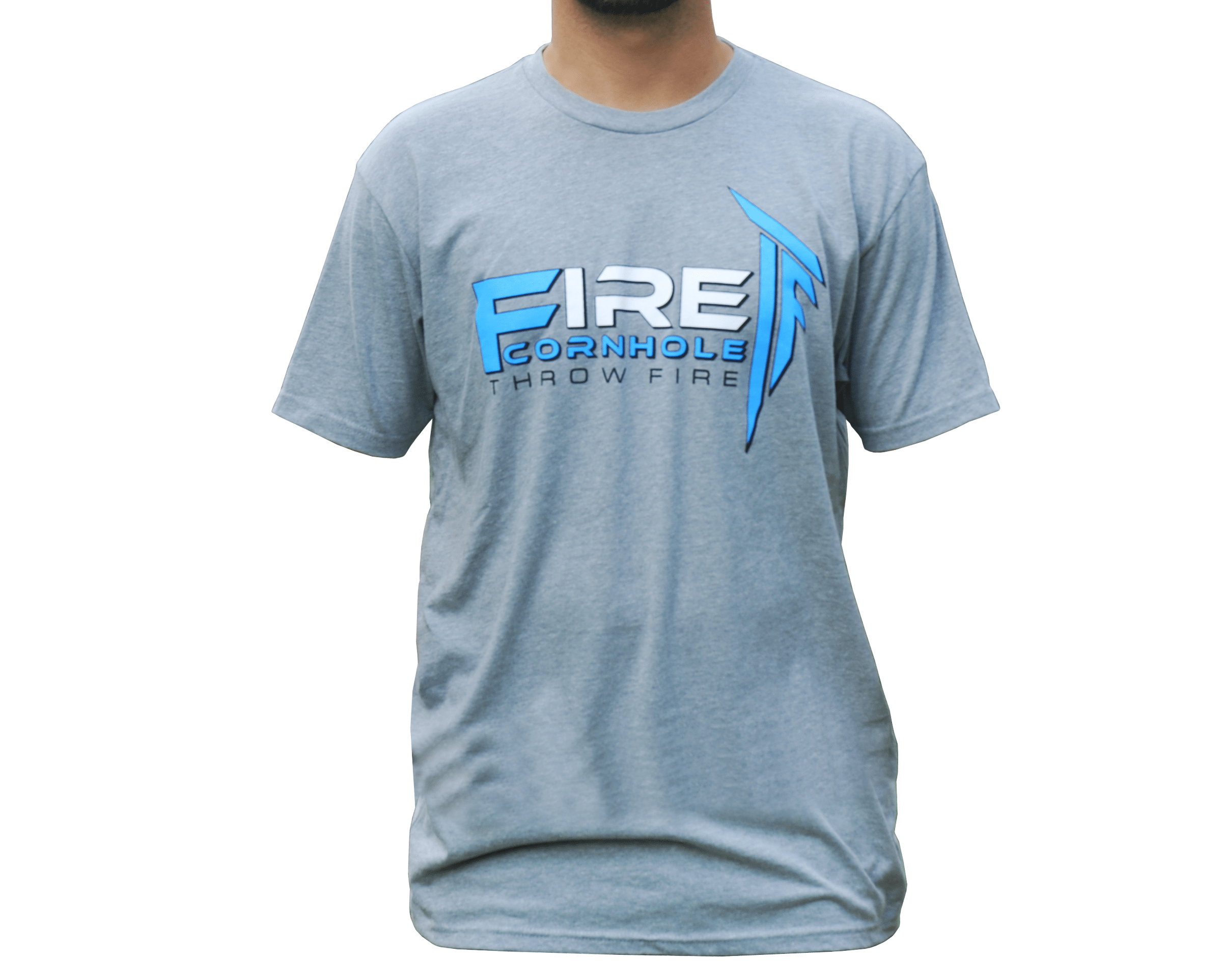Grey T-shirt with Fire Cornhole logo in light blue