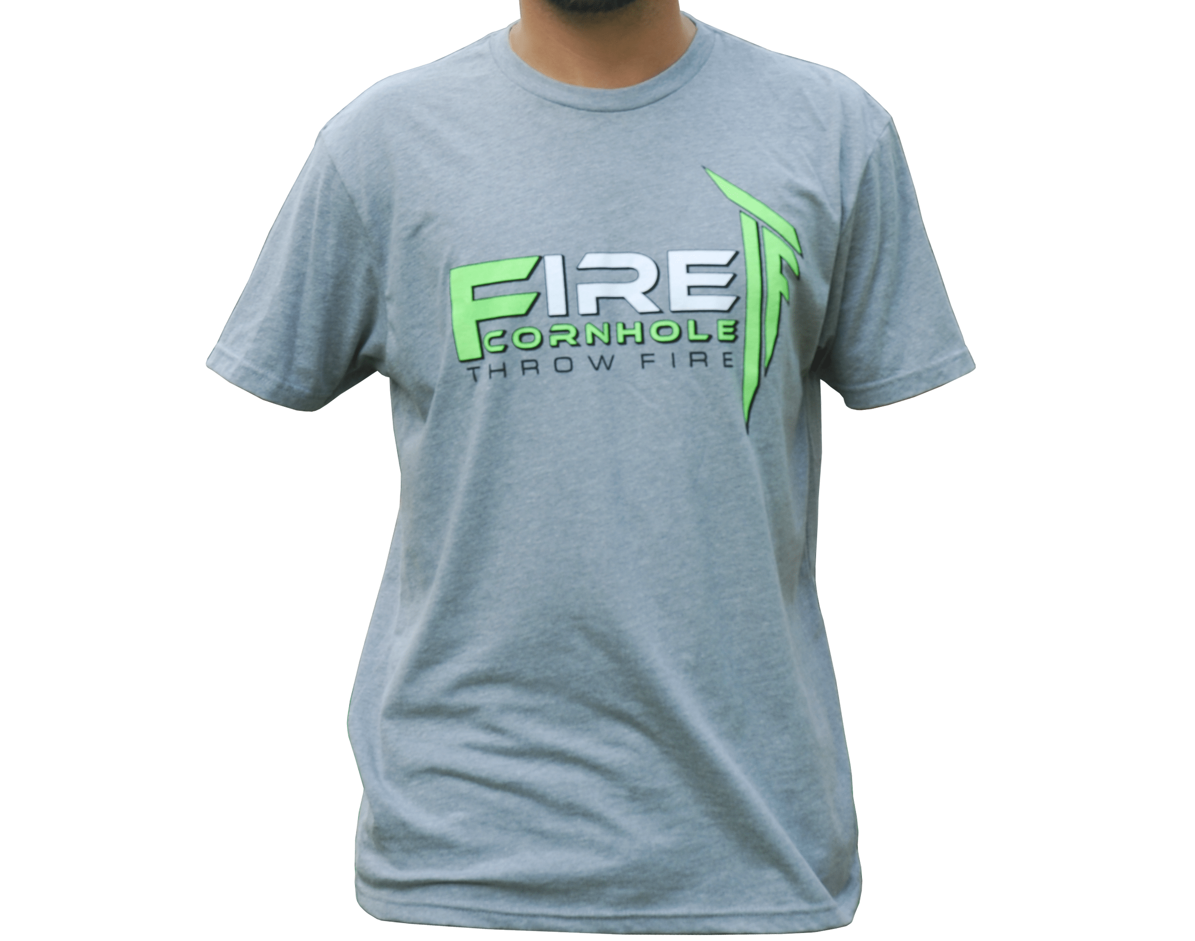 Grey T-shirt with Fire Cornhole logo in green