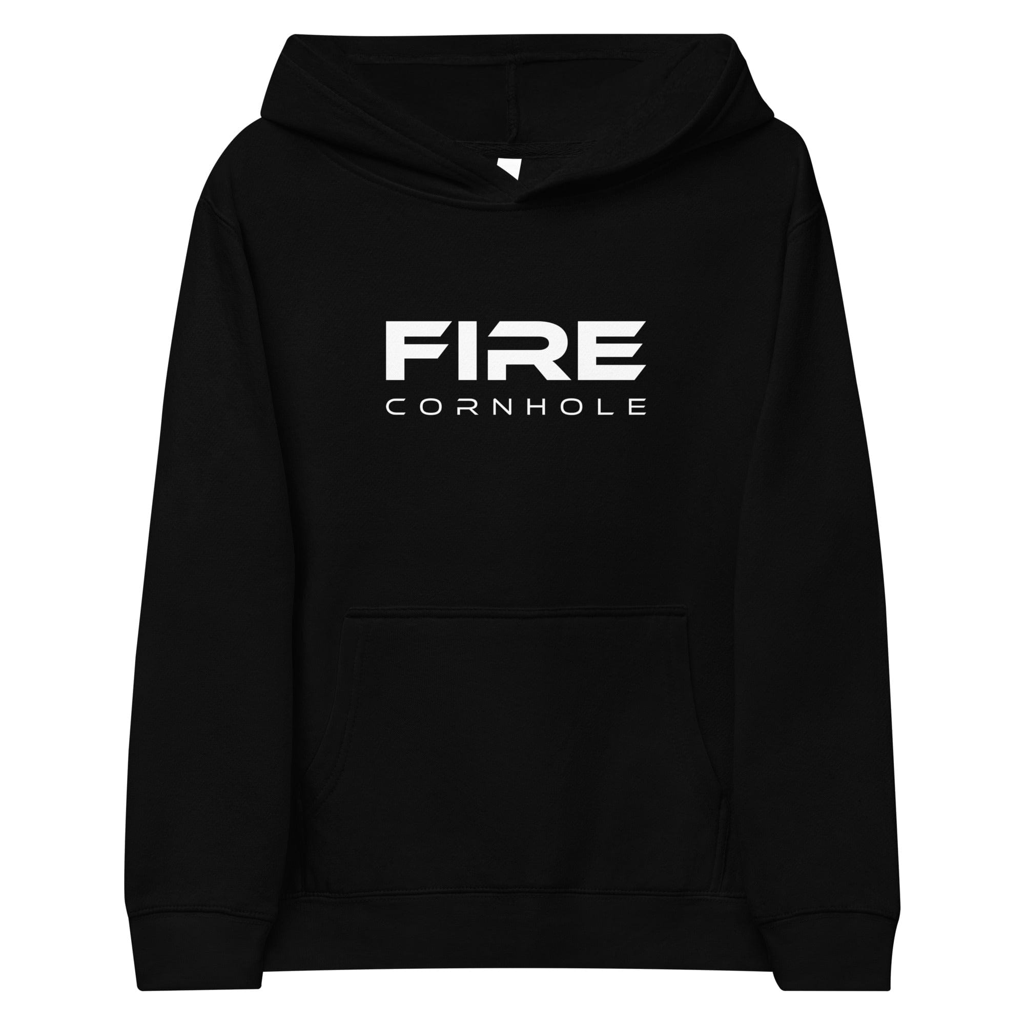 Black kids fleece hoodie with Fire Cornhole logo in white