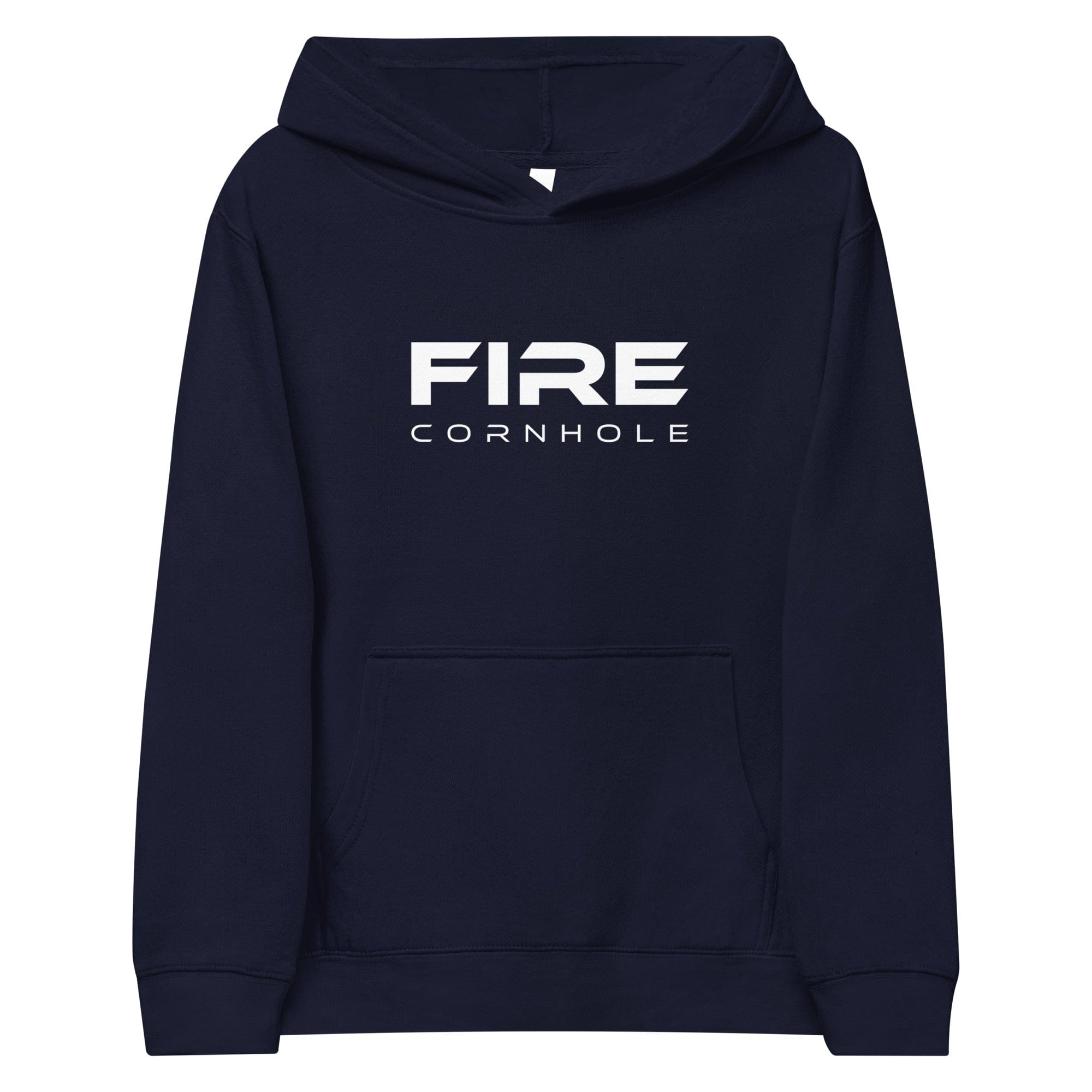 Navy kids fleece hoodie with Fire Cornhole logo in white