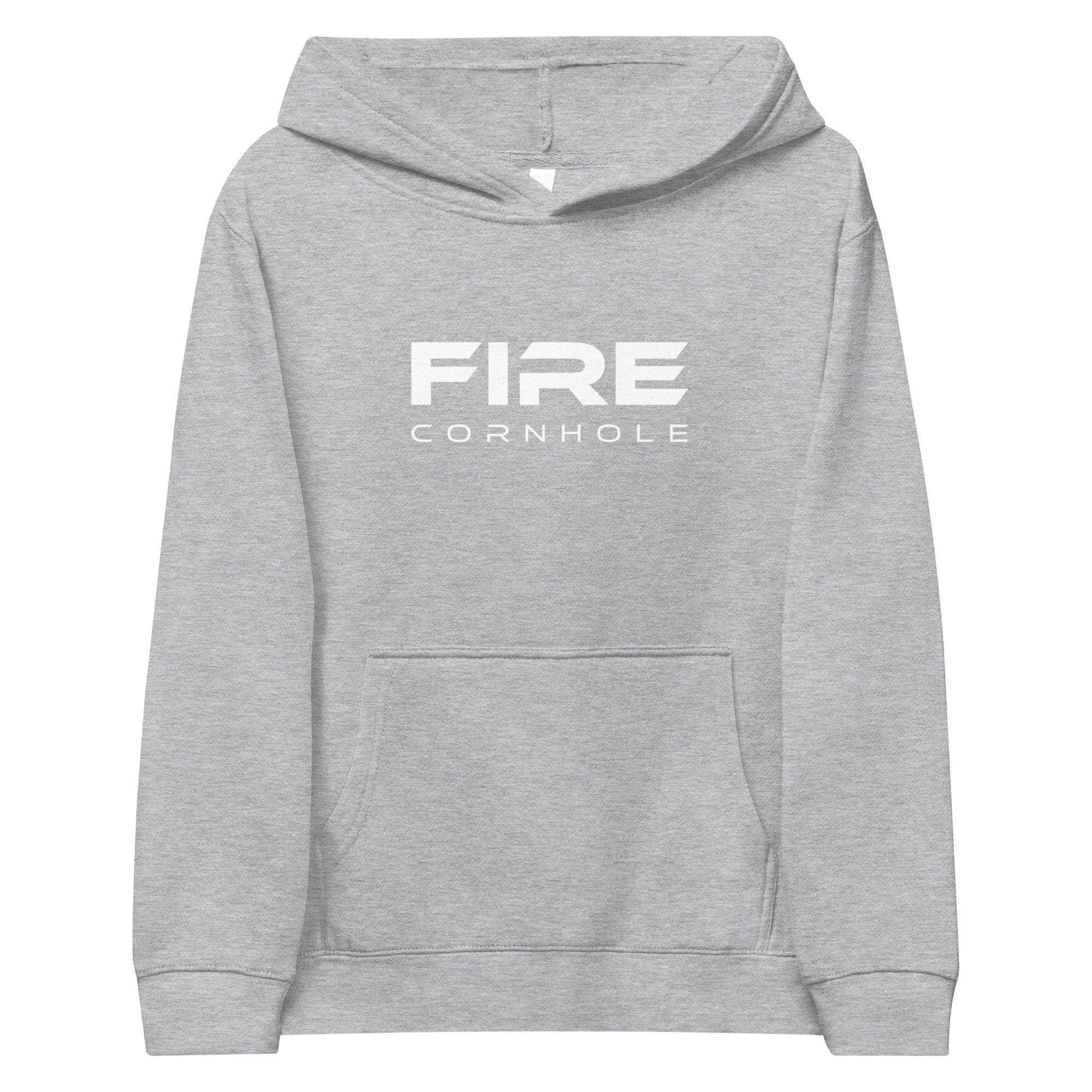Heathered grey kids fleece hoodie with Fire Cornhole logo in white