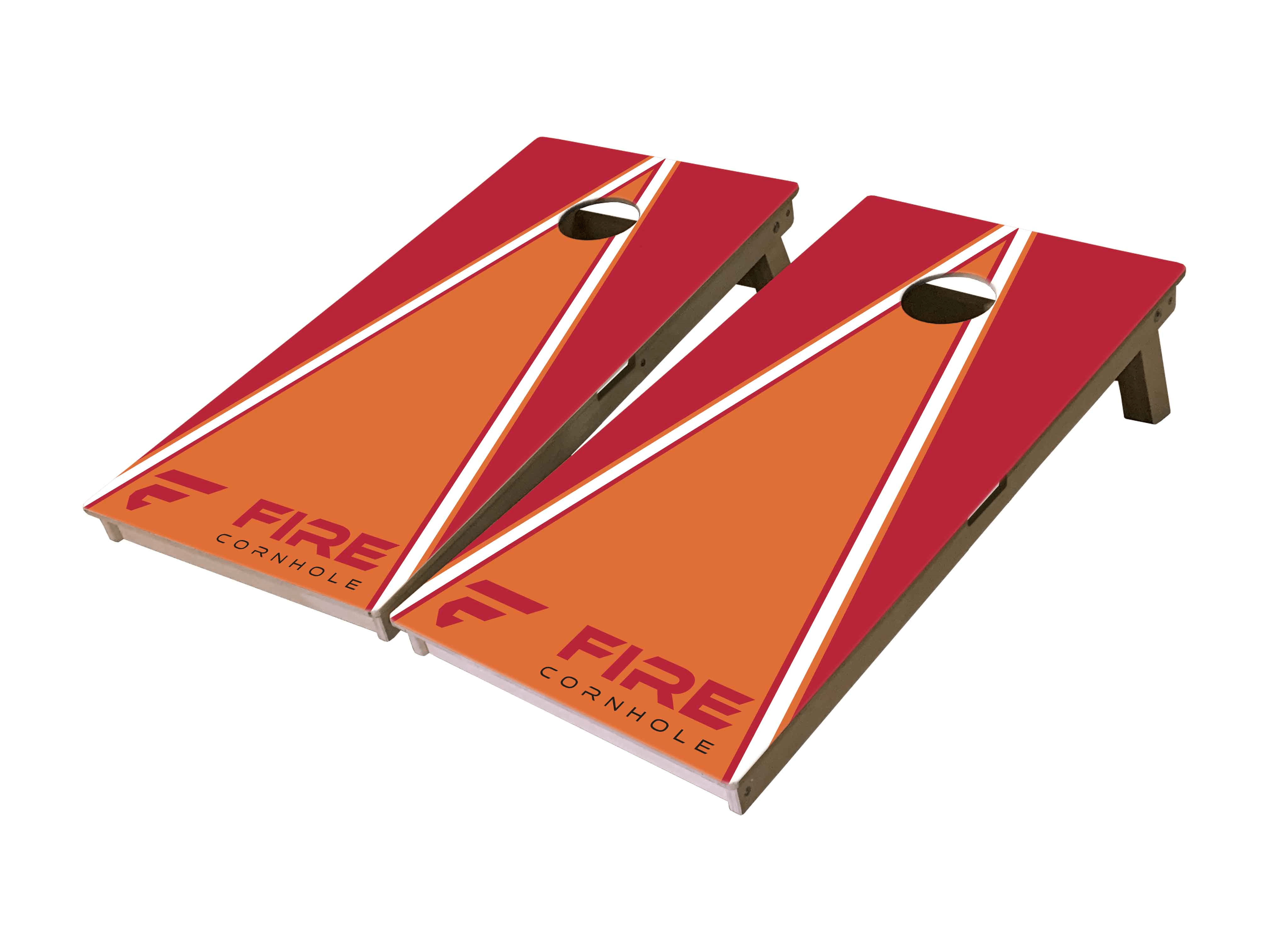 Fire Cornhole Mini Cornhole Boards with triangle design in orange and red