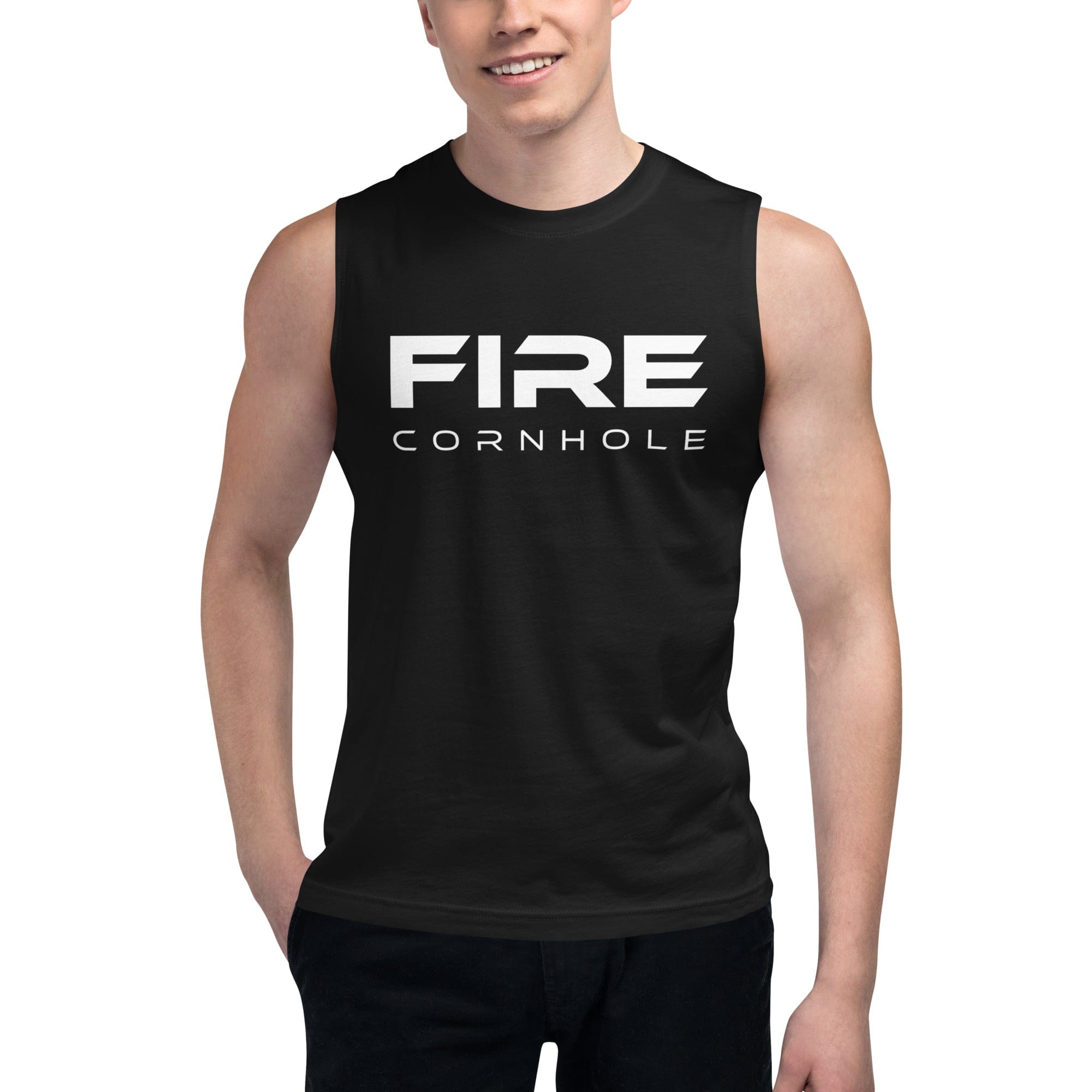 Men's black muscle shirt with Fire Cornhole logo in white