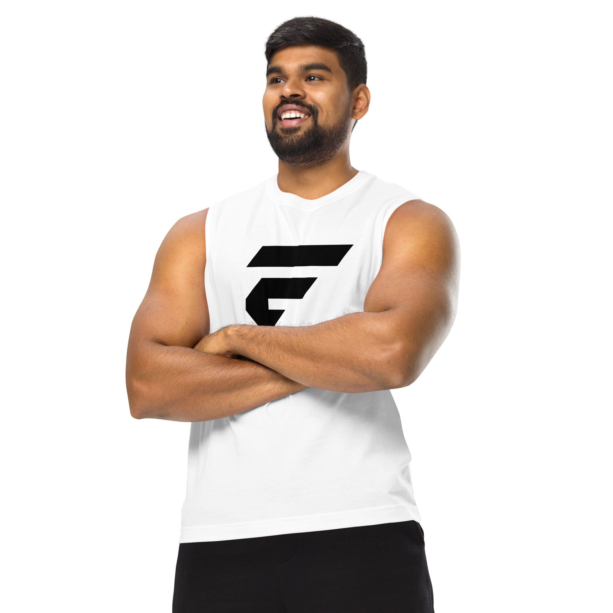 Men's white muscle shirt with Fire Cornhole F logo in black