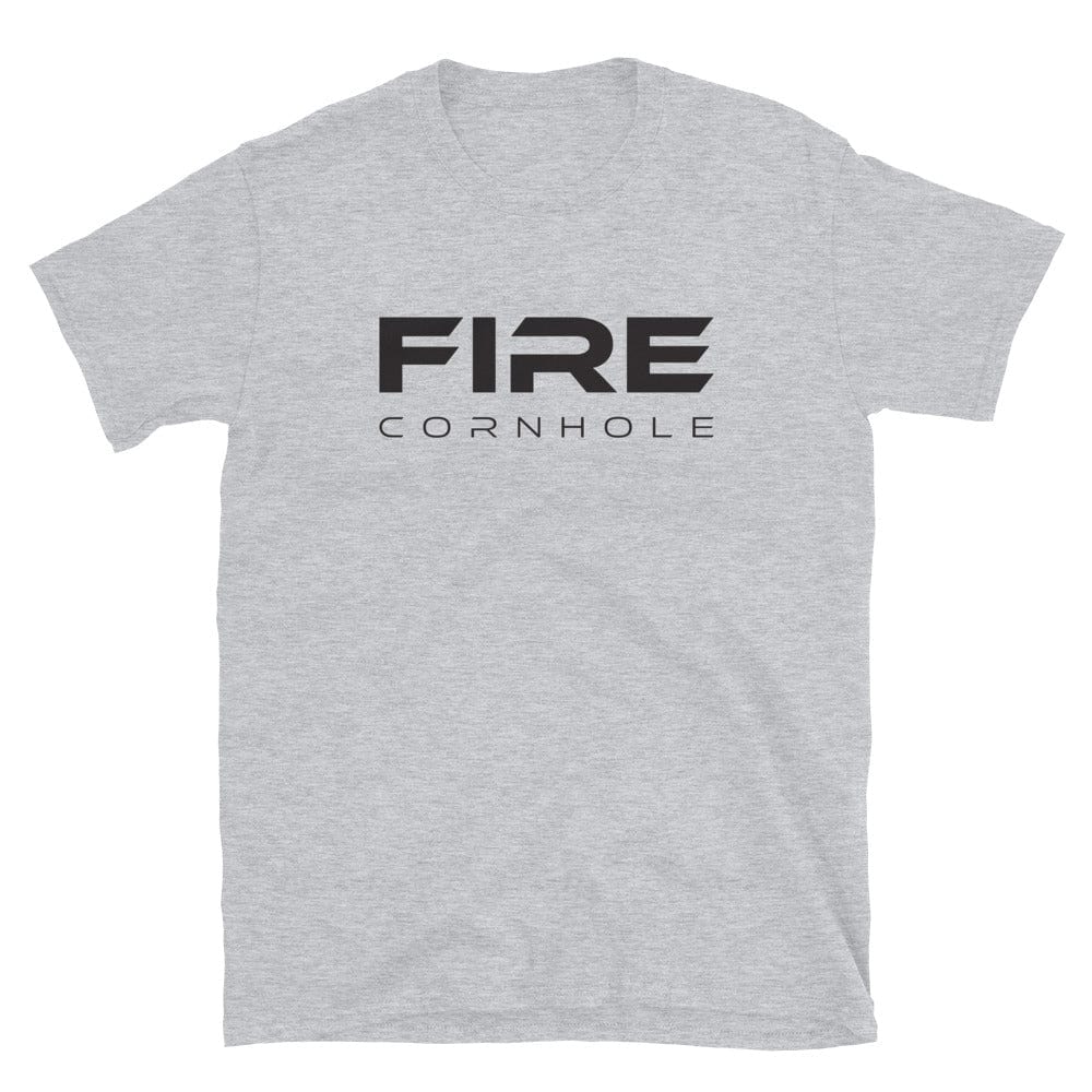 Heathred grey unisex cotton T-shirt with Fire Cornhole logo in black