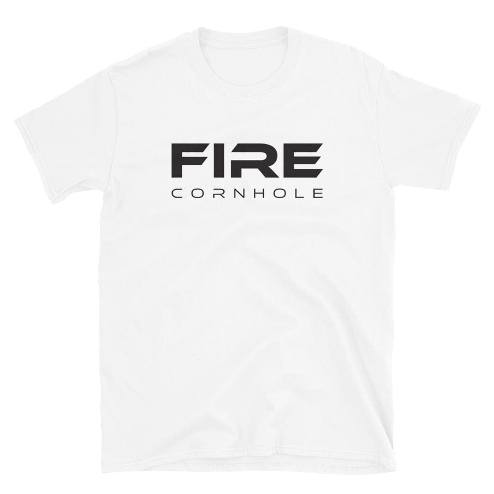 White unisex cotton T-shirt with Fire Cornhole logo in black