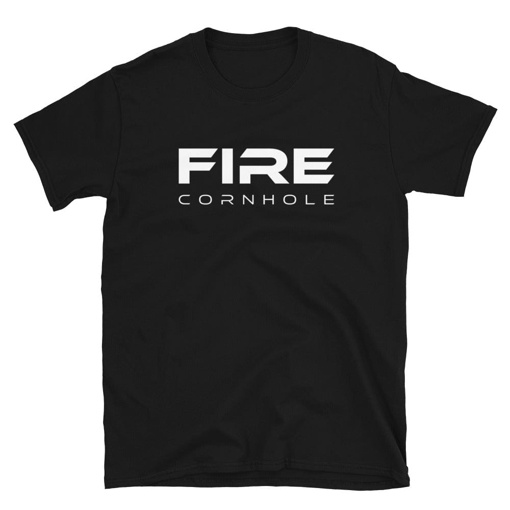 Black unisex cotton T-shirt with Fire Cornhole logo in white