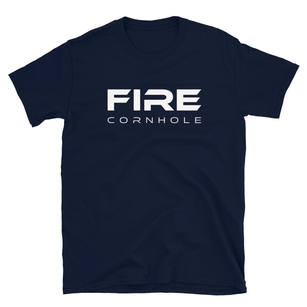 Navy unisex cotton T-shirt with Fire Cornhole logo in white