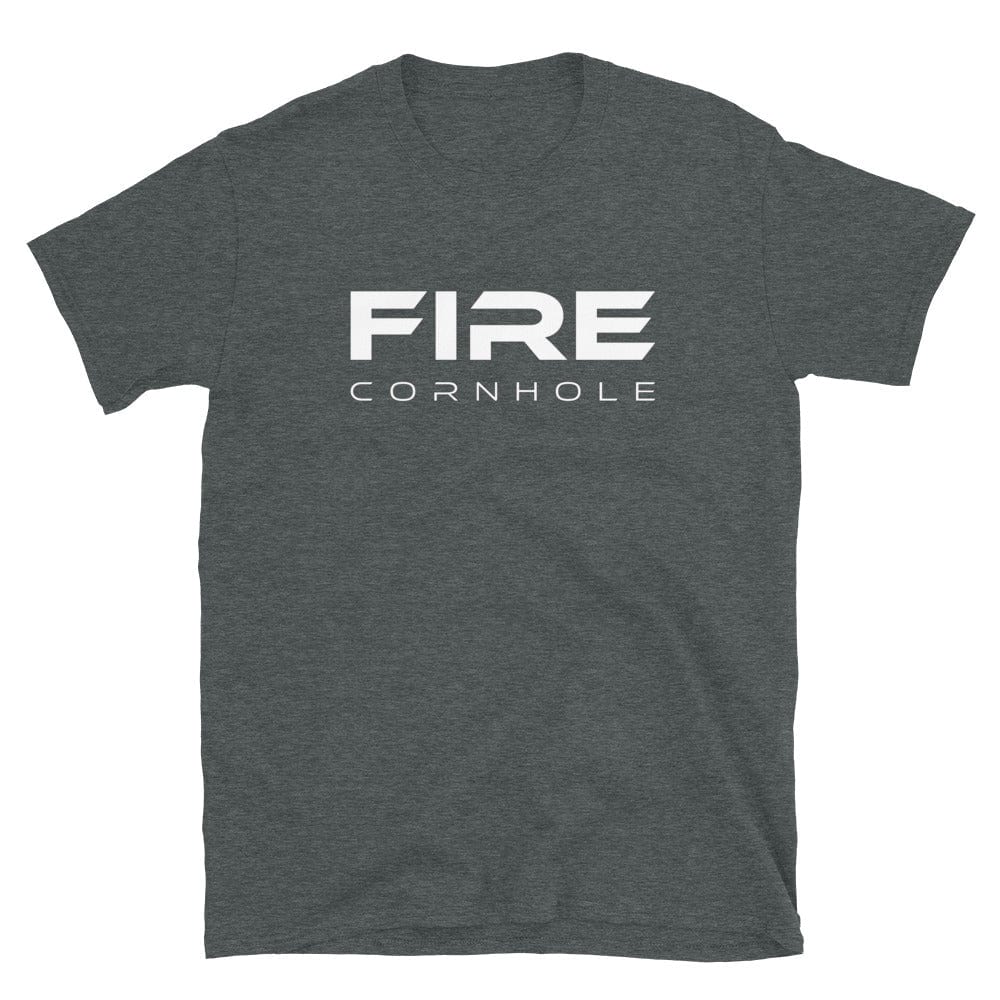 Dark grey unisex cotton T-shirt with Fire Cornhole logo in white