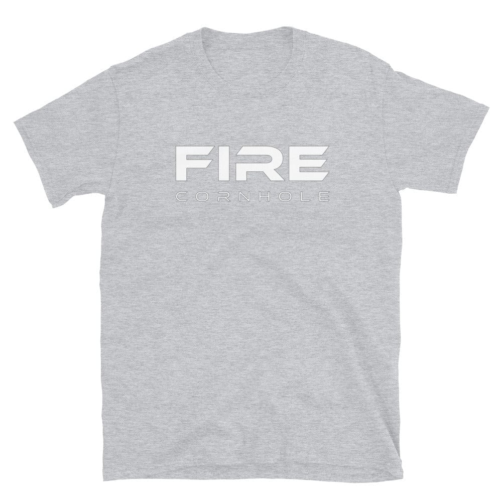 Heathered grey unisex cotton T-shirt with Fire Cornhole logo in white