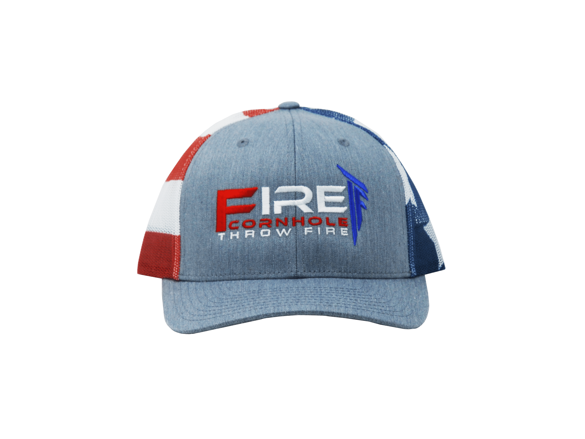 Fire Cornhole snapback hat with American flag pattern