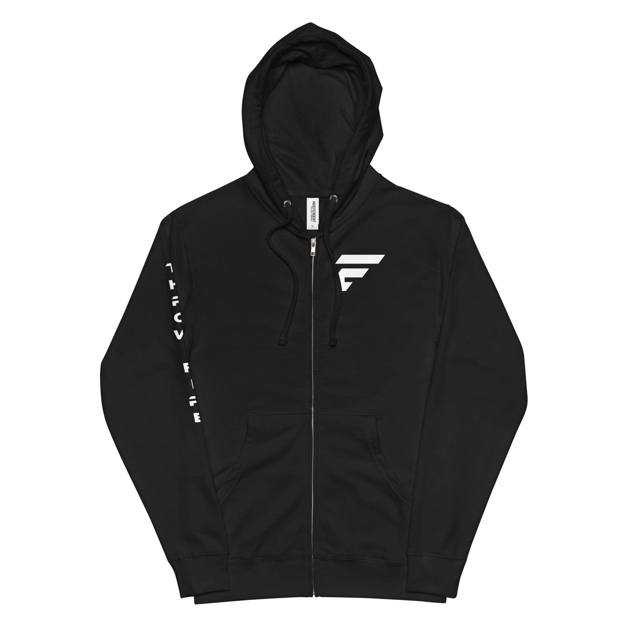 Black unisex fleece zip-up hoodie with Fire Cornhole logo in white