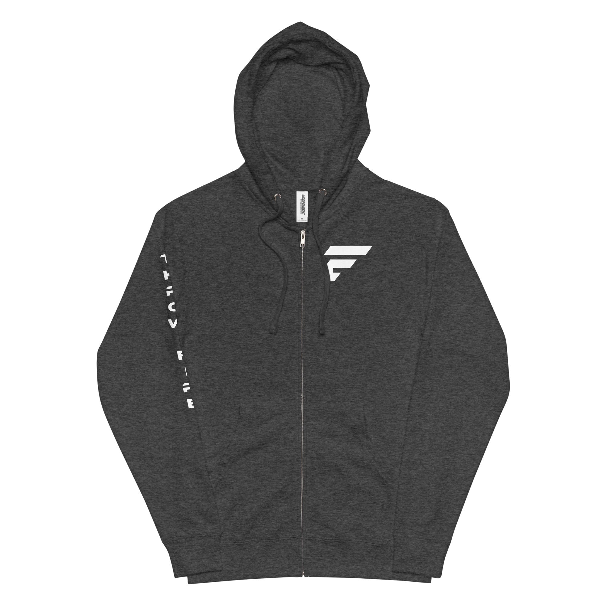 Dark heathered grey unisex fleece zip-up hoodie with Fire Cornhole logo in white