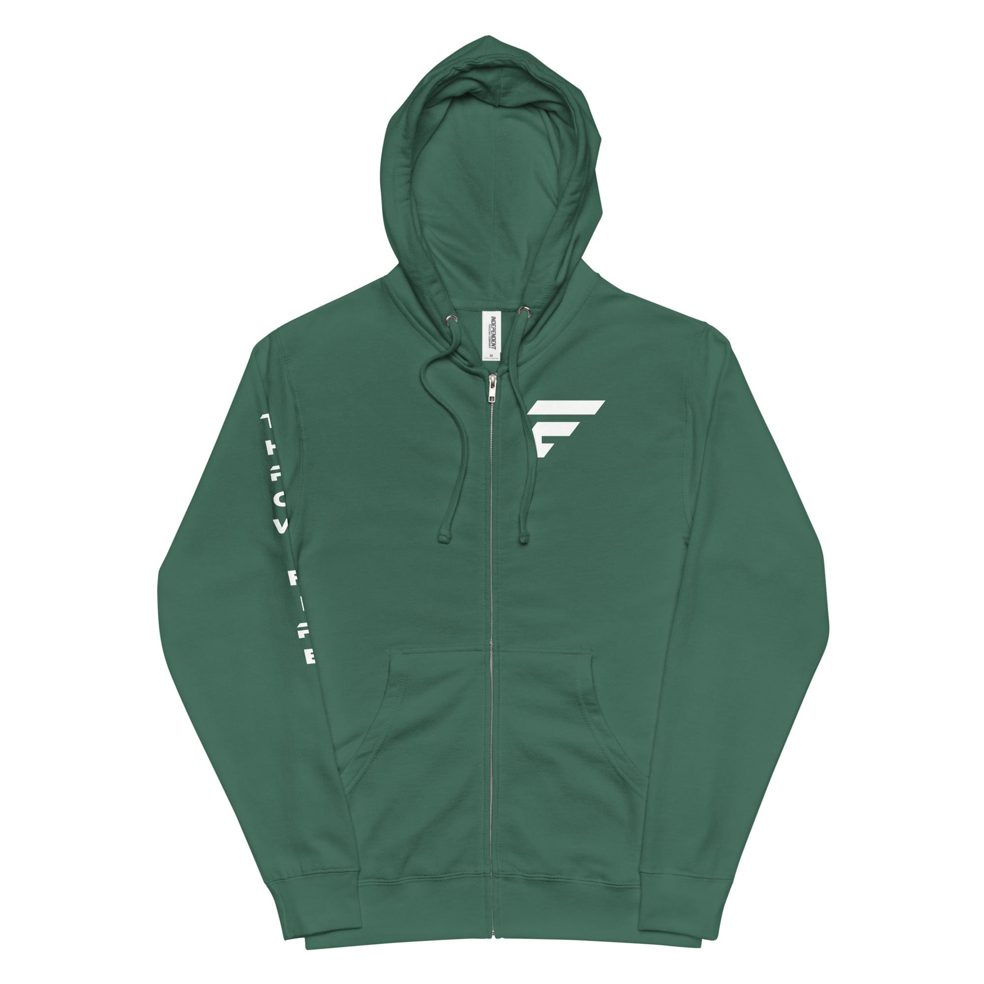 Green unisex fleece zip-up hoodie with Fire Cornhole logo in white