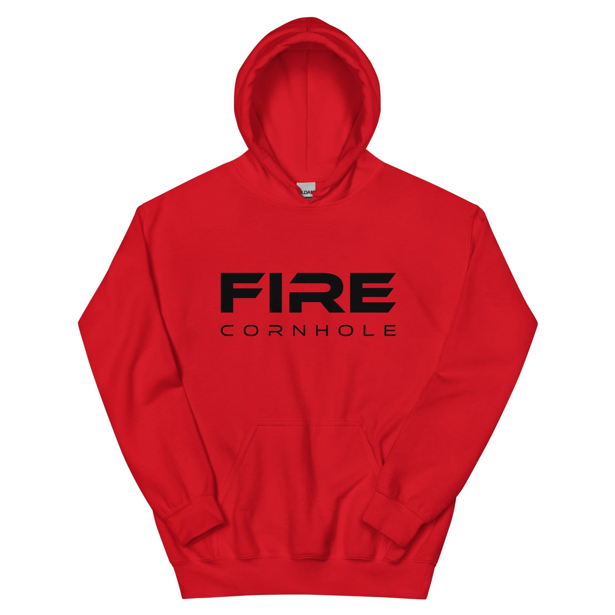 Red unisex cotton hoodie with Fire Cornhole logo in black
