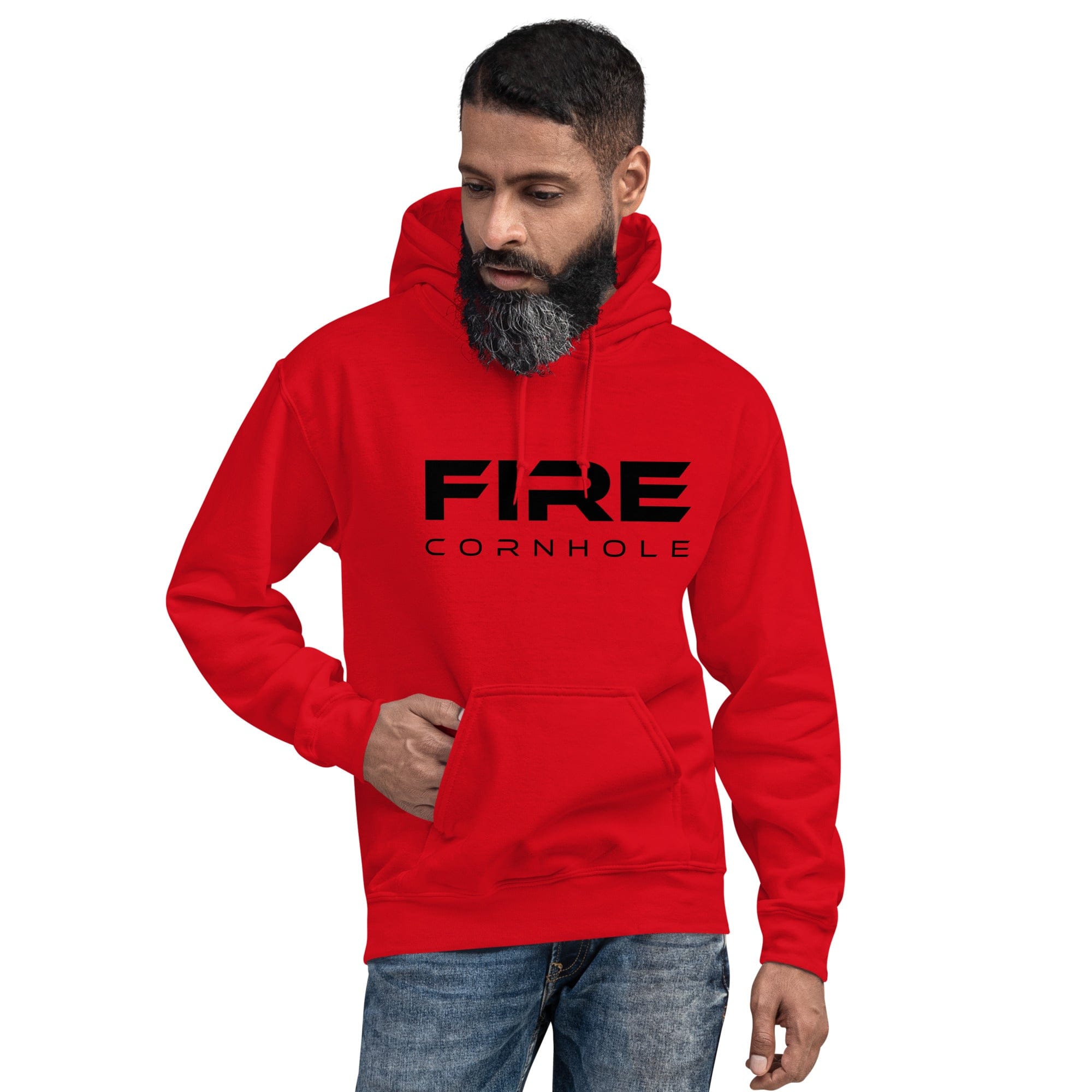 Red unisex cotton hoodie with Fire Cornhole logo in black