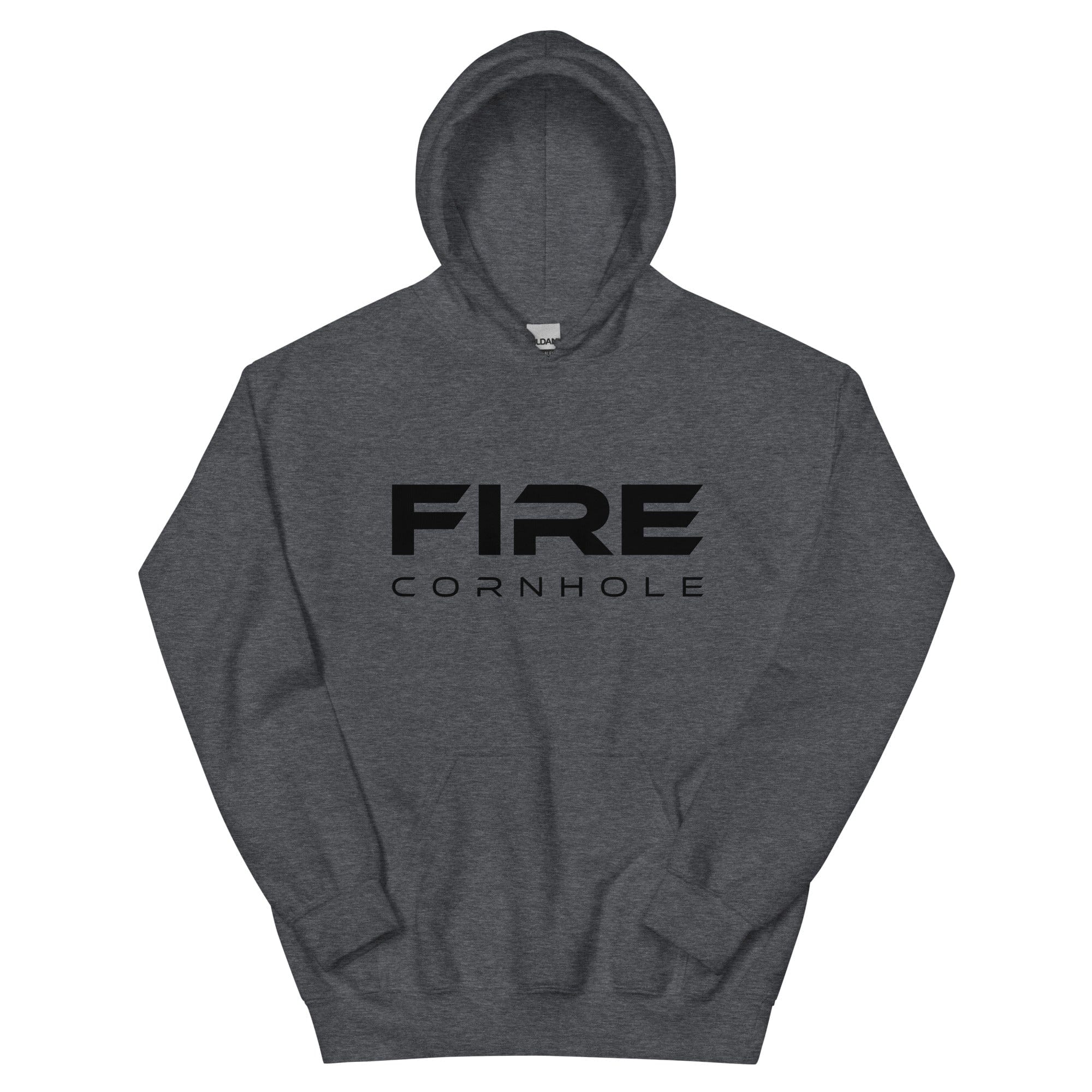 Dark grey unisex cotton hoodie with Fire Cornhole logo in black