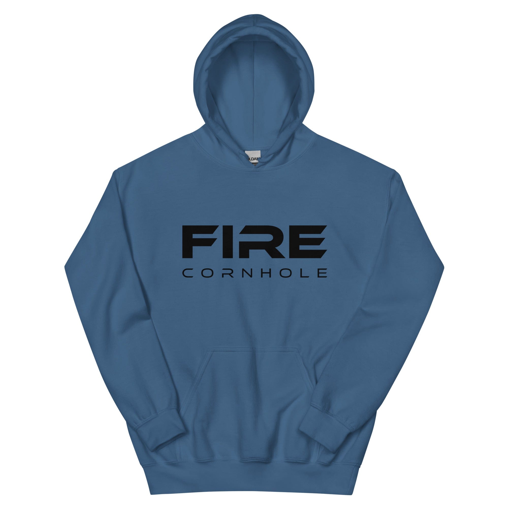 Teal unisex cotton hoodie with Fire Cornhole logo in black
