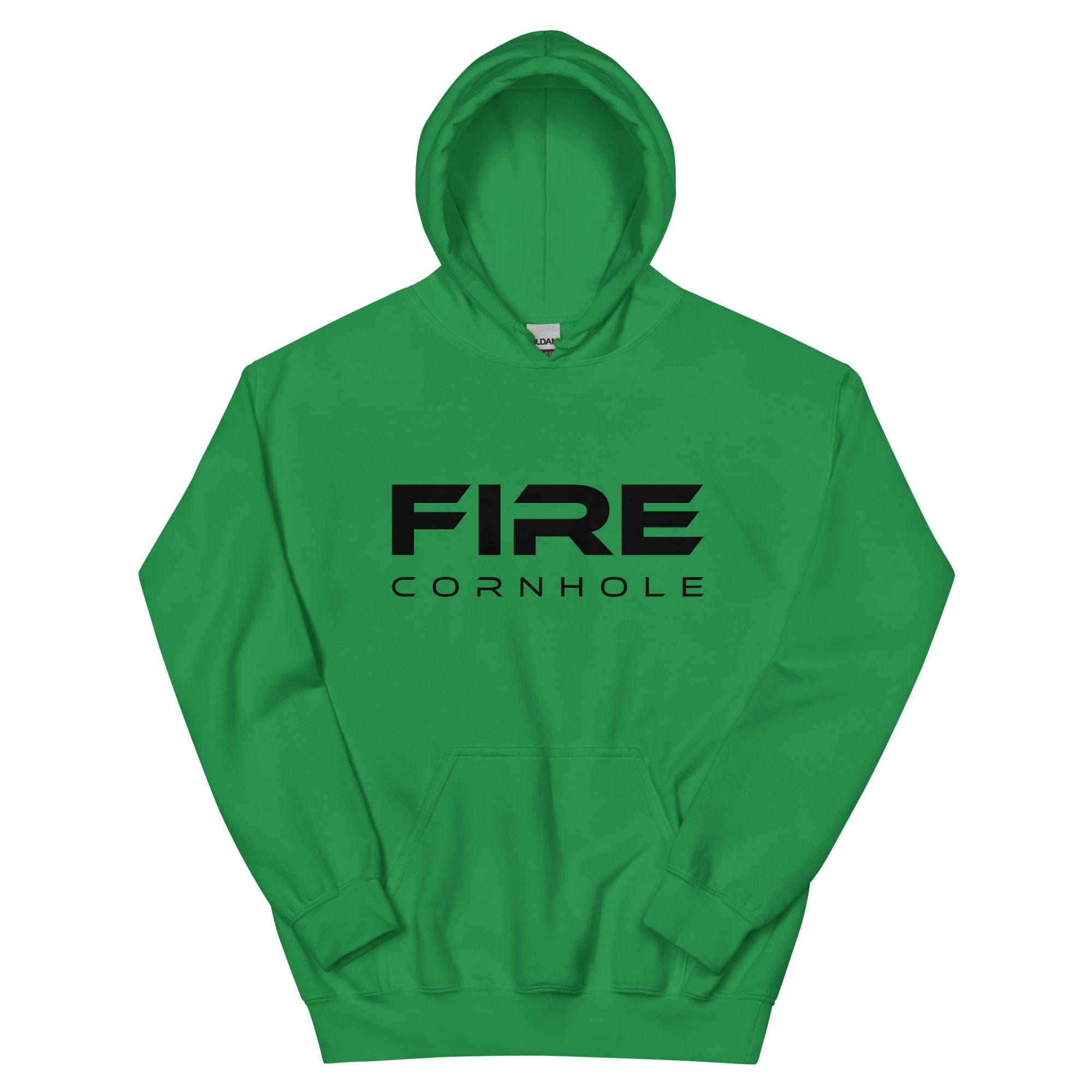 Green unisex cotton hoodie with Fire Cornhole logo in black