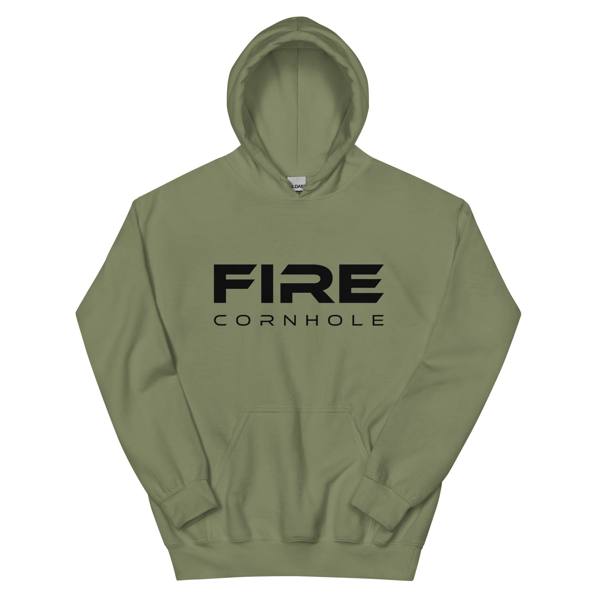 Forest green unisex cotton hoodie with Fire Cornhole logo in black
