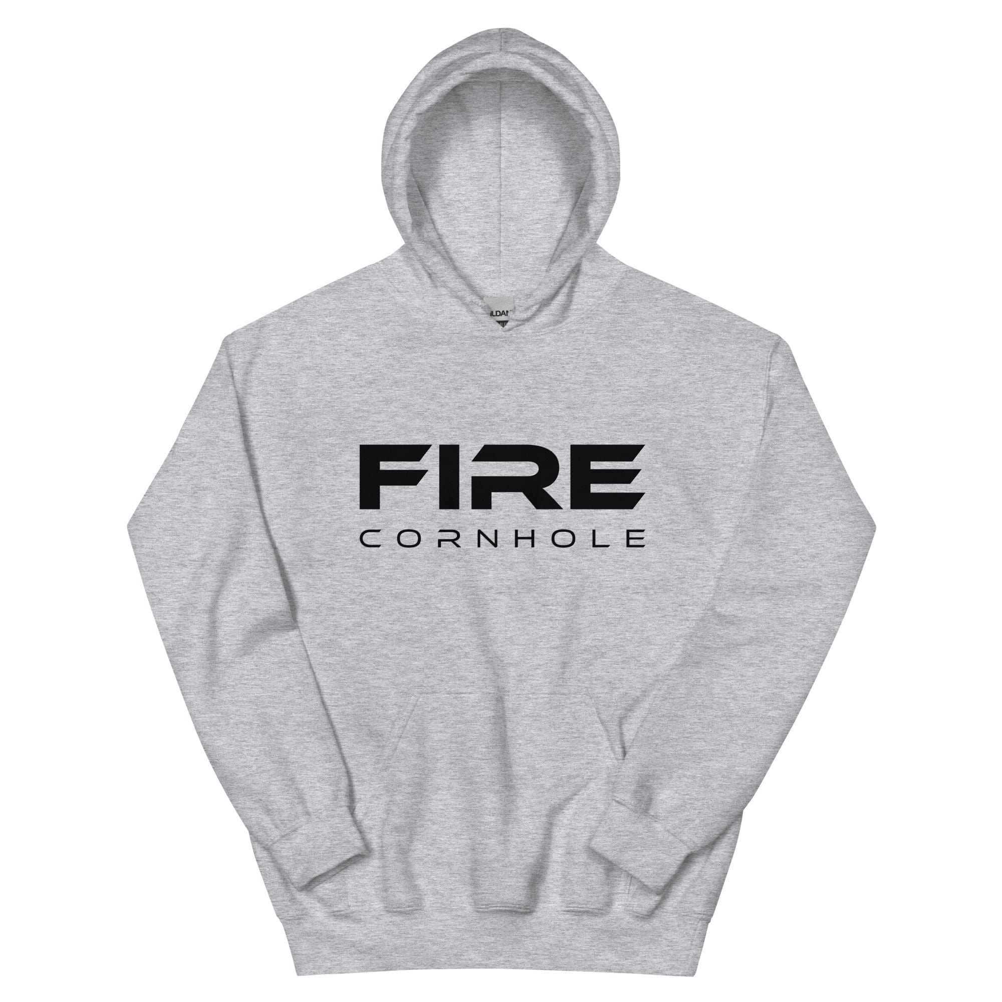 Heathered grey unisex cotton hoodie with Fire Cornhole logo in black